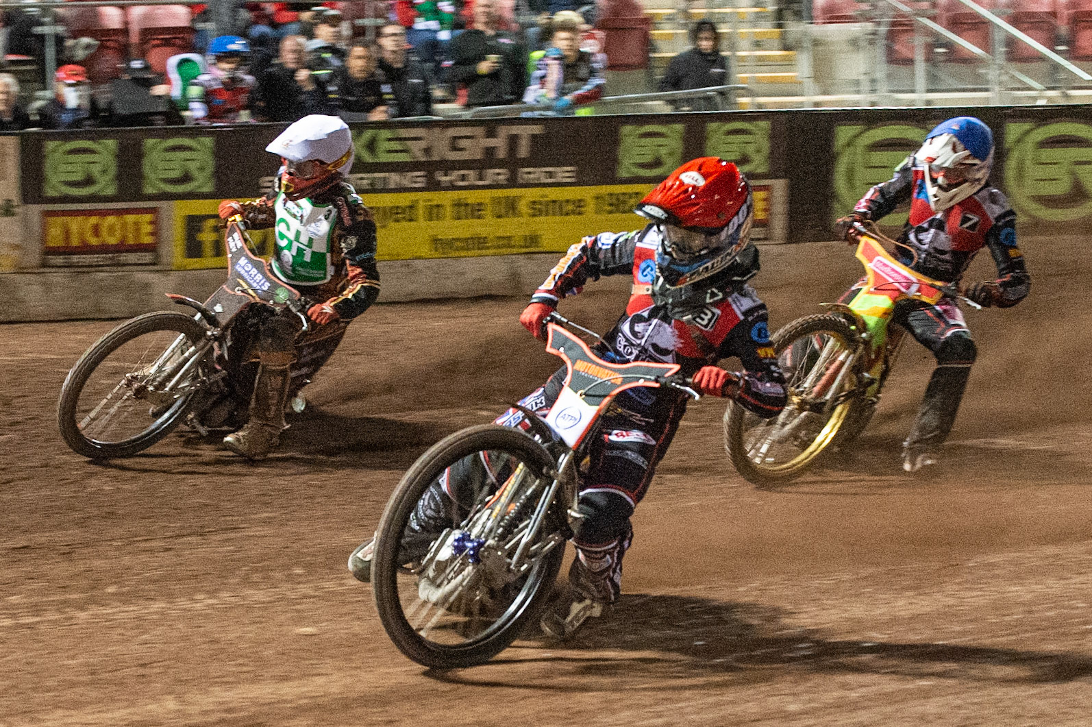 Photo: Ian Charles

Jordan Palin  (Red) leads Luke Harris  (White) and Ben Woodhull  (Blue)

Belle Vue Colts v Cradley Heathens, SGB National League, Belle Vue National Speedway Stadium, Manchester, Thursday 29  August  2019