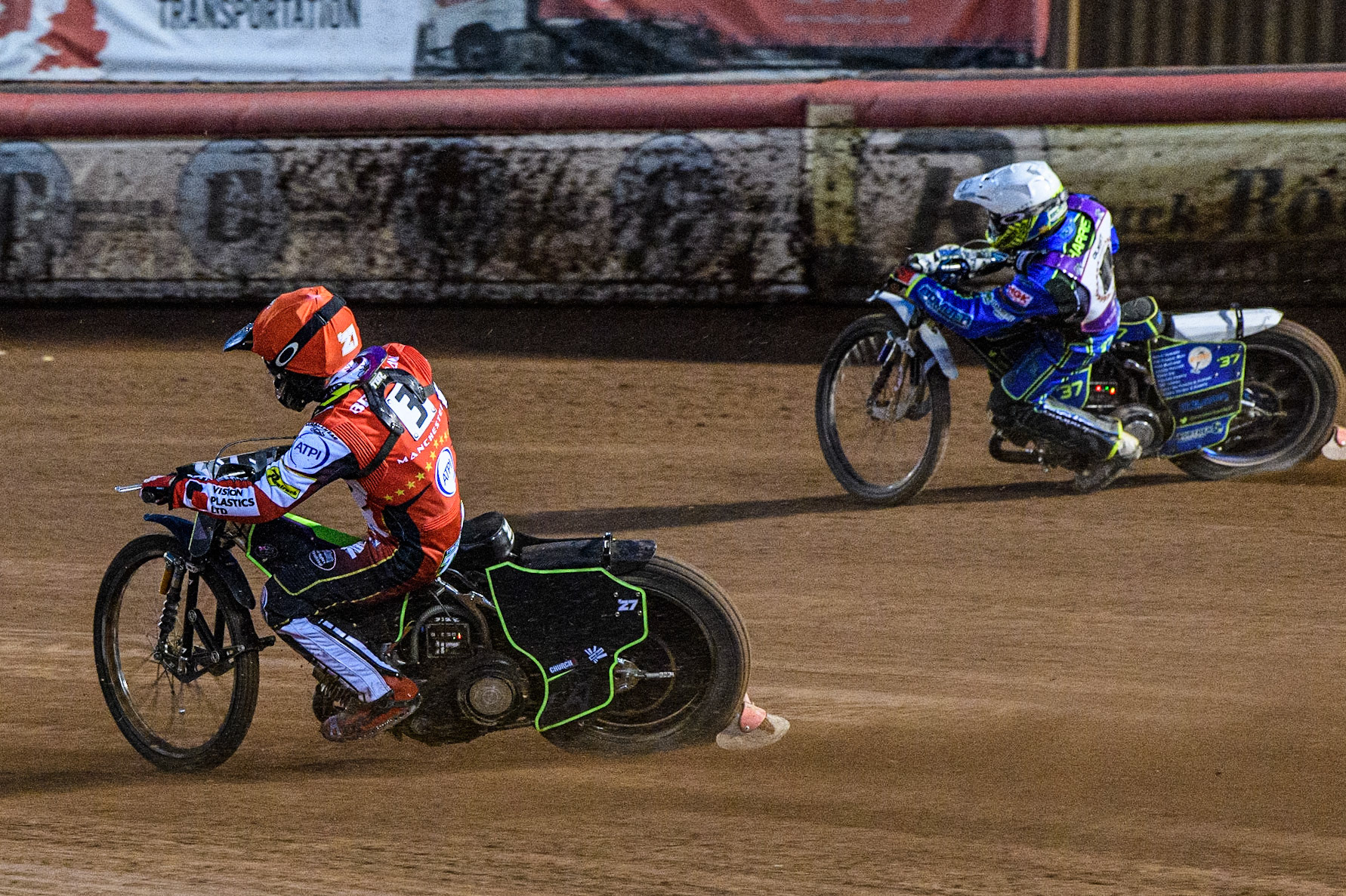 Tom Brennan  (Red) inside Chris Harris   (White) during the SGB Premiership match between Belle Vue Aces and Peterborough at the National Speedway Stadium, Manchester on Monday 24th April 2023. (Photo: Ian Charles | MI News)
