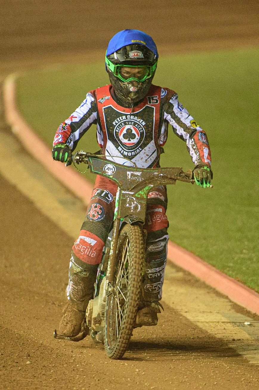 MANCHESTER, UK. MAR 21ST. Charles Wright after his heat 7 engine failure during the ATPI Peter Craven Memorial Trophy at the National Speedway Stadium, Manchester on Monday 21st March 2022. (Credit: Ian Charles | MI News)