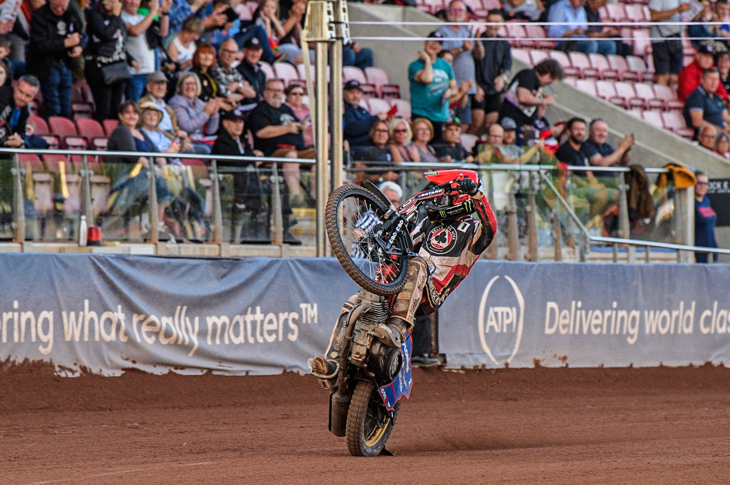 Dan Bewley celebrates with a wheelie during the Sports Insure Premiership match between Belle Vue Aces and Peterborough at the National Speedway Stadium, Manchester on Monday 19th June 2023. (Photo: Ian Charles | MI News)