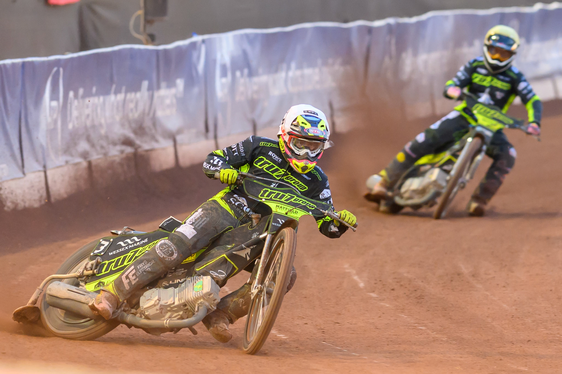Richard Lawson of Ipswich Witches  in White leading Scott Nicholls of Ipswich Witches  in Yellow during the Rowe Motor Oil Premiership match between Belle Vue Aces and Ipswich Witches at the National Speedway Stadium, Manchester on Monday 20th April 2026. (Photo: Ian Charles | MI News)