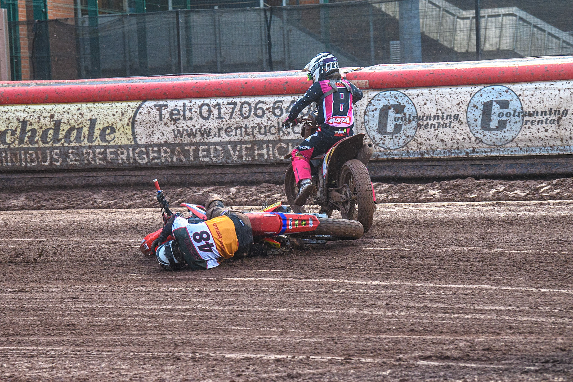 Nico Sorbo (48) from Italy slides off during the FIM World Flat Track Championship Round 1 at the National Speedway Stadium, Manchester on Saturday 5th August 2023. (Photo: Ian Charles | MI News)
