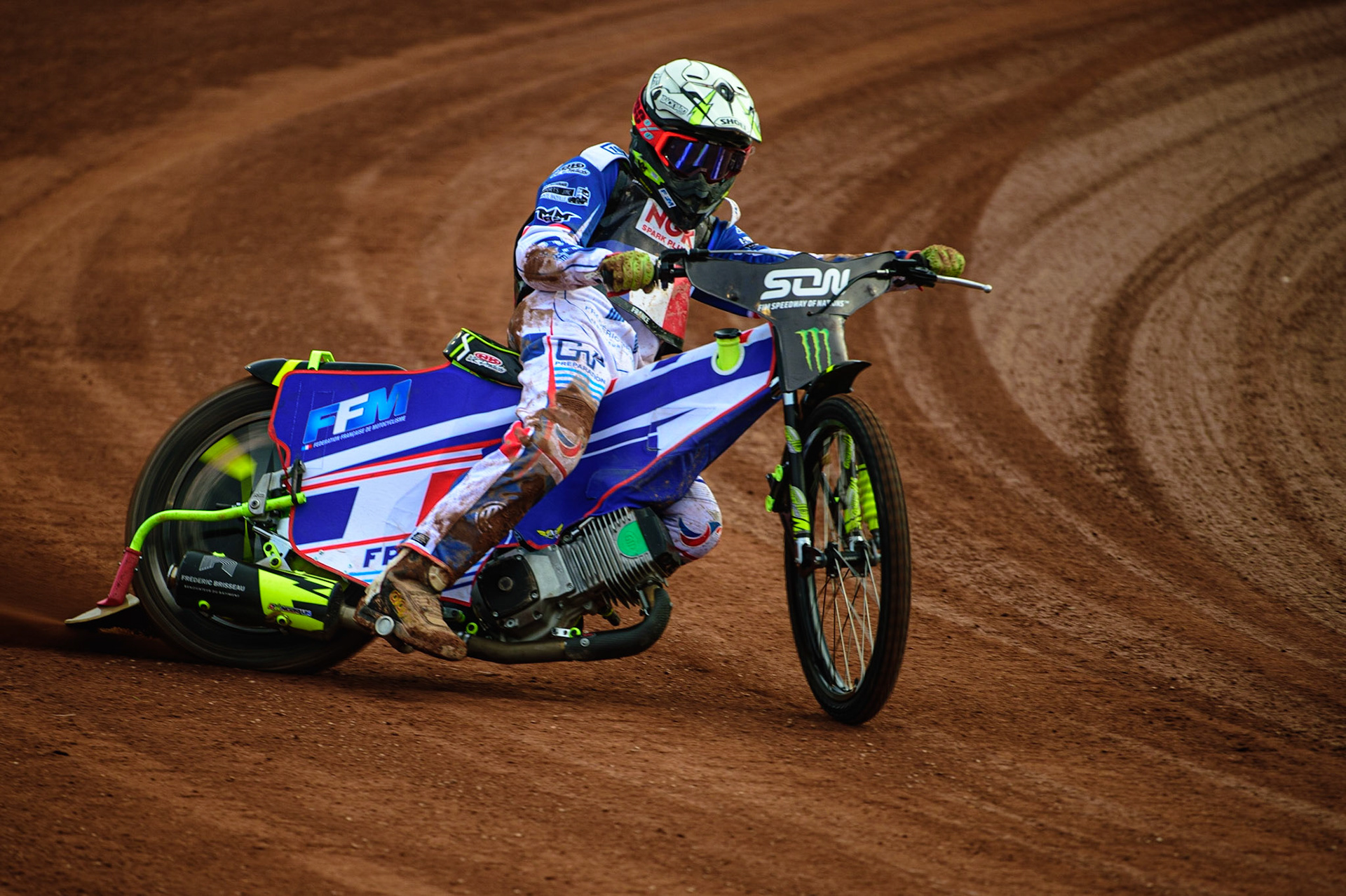 MANCHESTER, UK. OCT 16TH Steven Goret of France Practices during the Monster Energy FIM Speedway of Nations at the National Speedway Stadium, Manchester on Saturday  16th October 2021. (Credit: Ian Charles | MI News)