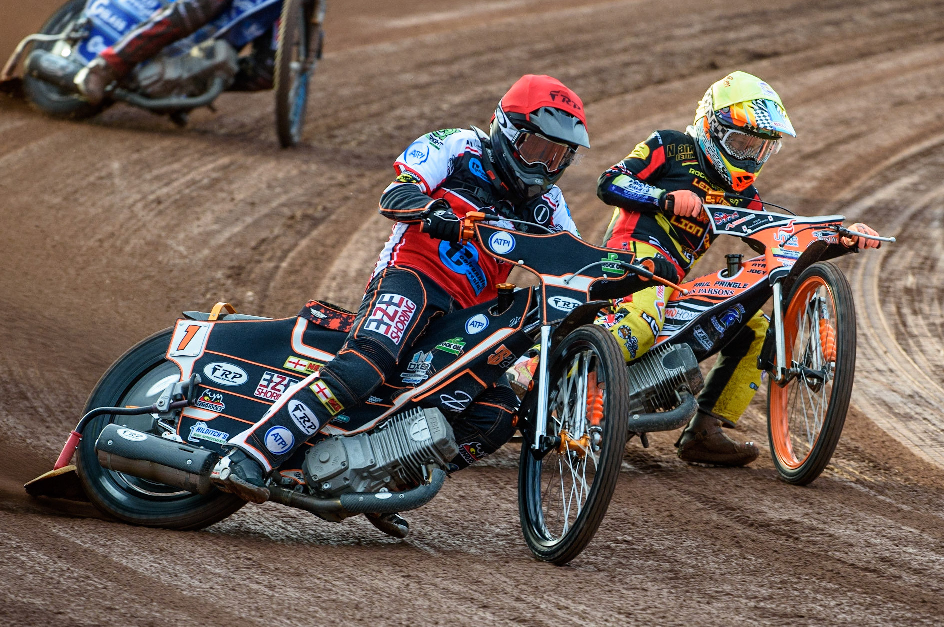 MANCHESTER, UK. JULY 29TH   Jack Smith (Red) outside Ben Trigger  (Yellow) during the National Development League match between Belle Vue Colts and Leicester Lion Cubs at the National Speedway Stadium, Manchester on Thursday 29th July 2021. (Credit: Ian Charles | MI News)