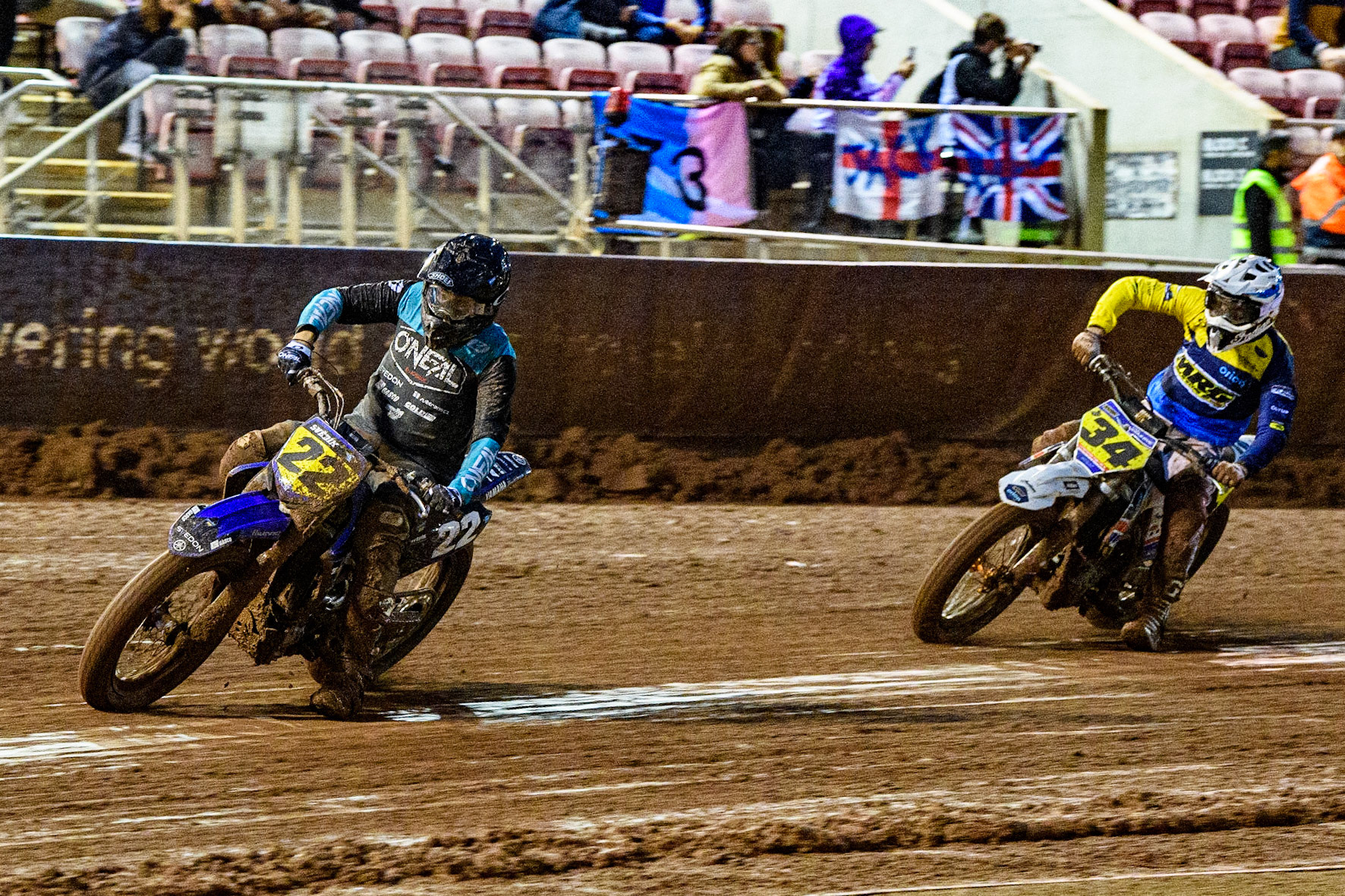 Ondřej Svědík (22) from Czech Rep. leads Ervin Krajčovič (34) from Czech Rep. during the FIM World Flat Track Championship Round 1 at the National Speedway Stadium, Manchester on Saturday 5th August 2023. (Photo: Ian Charles | MI News)
