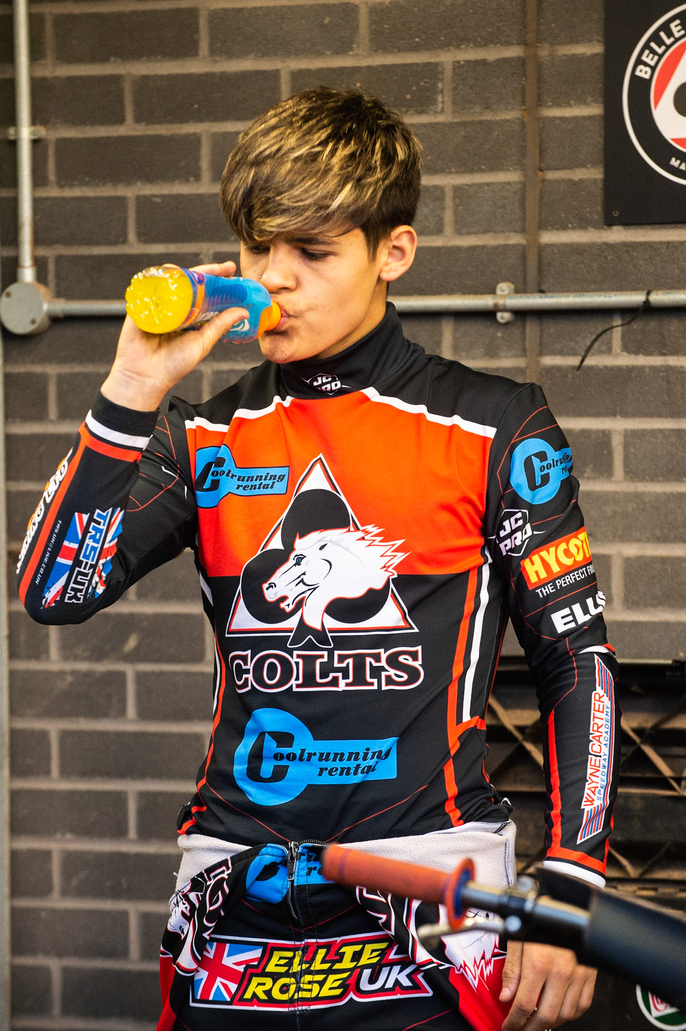 Photo: Ian Charles

Jordan Palin  grabs a quick drink

Belle Vue Colts v Cradley Heathens, SGB National League, Belle Vue National Speedway Stadium, Manchester, Thursday 29  August  2019