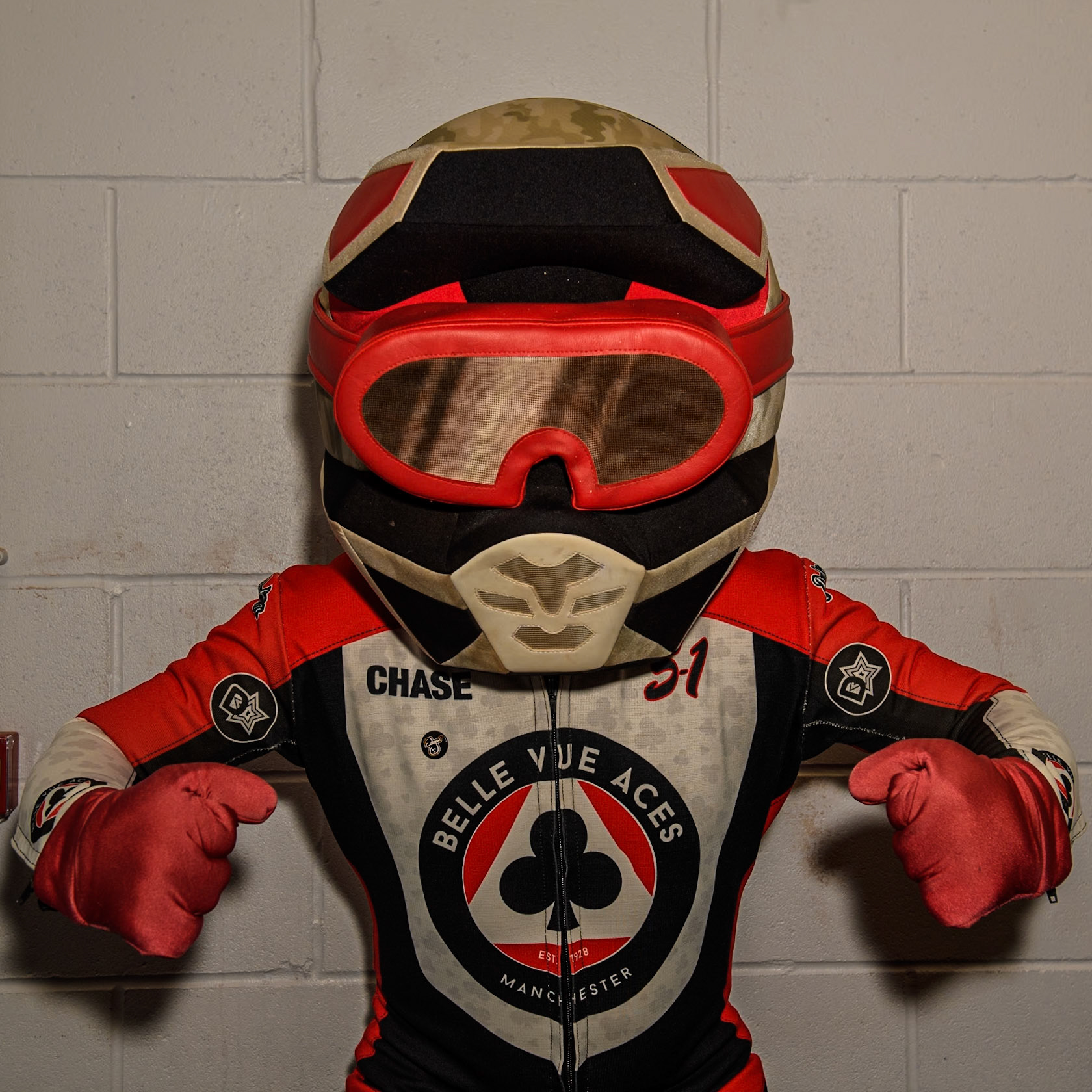 Chase The Ace - Belle Vue Aces mascot during the WSRA  National Development League match between Belle Vue Colts and Leicester Lion Cubs at the National Speedway Stadium, Manchester on Friday 29th March 2024. (Photo: Ian Charles | MI News)
