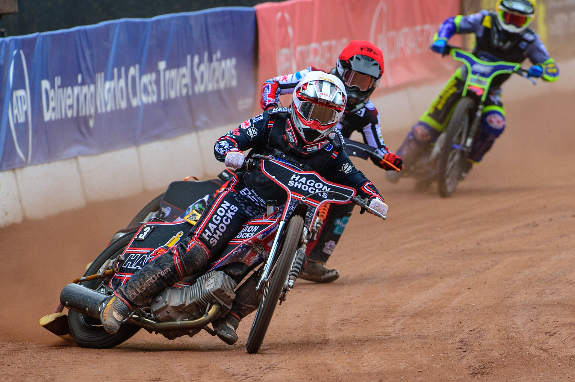 MANCHESTER, UK.  JUN 3RD  Sam Hagon  (White) leads Jack Smith  (Red) and Jacob Clouting  (Yellow) during the National Development League match between Belle Vue Colts and Oxford Chargers at the National Speedway Stadium, Manchester on Friday 3rd June 2022. (Credit: Ian Charles | MI News)