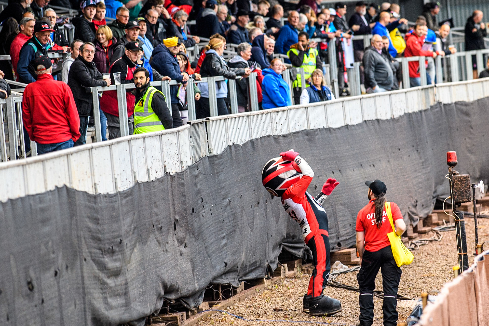 Belle Vue Aces mascot throws a T-Shirt into the crowd as a giveaway during the Monster Energy FIM Speedway of Nation Semi Final 2 at the National Speedway Stadium, Manchester on Wednesday 10th July 2024. (Photo: Ian Charles | MI News)