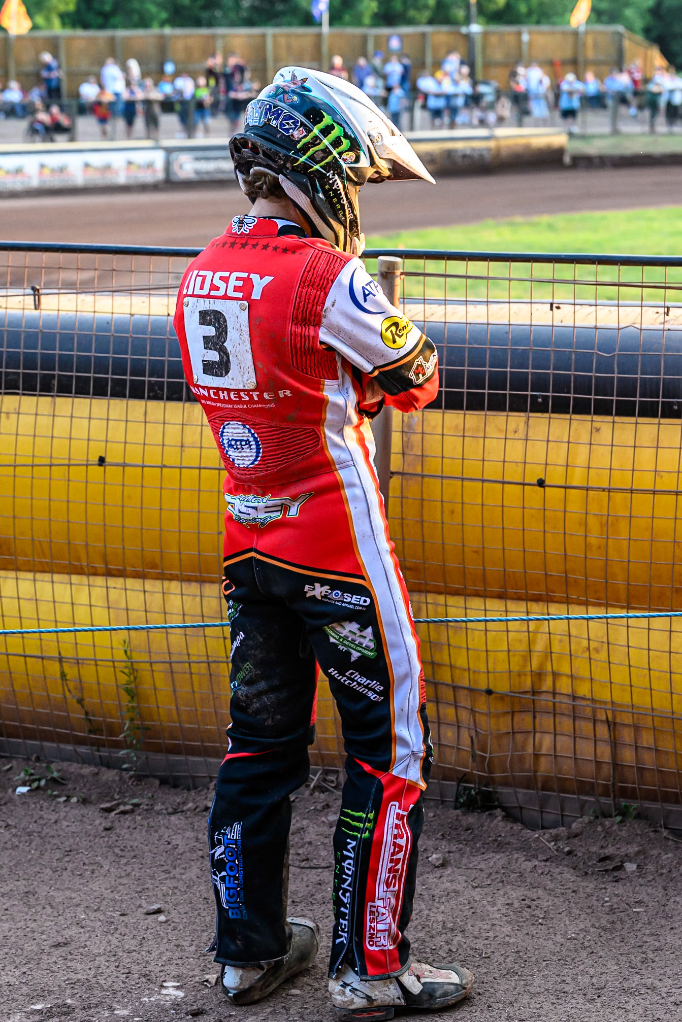 Belle Vue Aces' Jaimon Lidsey watches the track prep during the Rowe Motor Oil Premiership match between Leicester Lions and Belle Vue Aces at the Hydroscand Arena, Leicester on Thursday 19th June 2025. (Photo: Ian Charles | MI News)