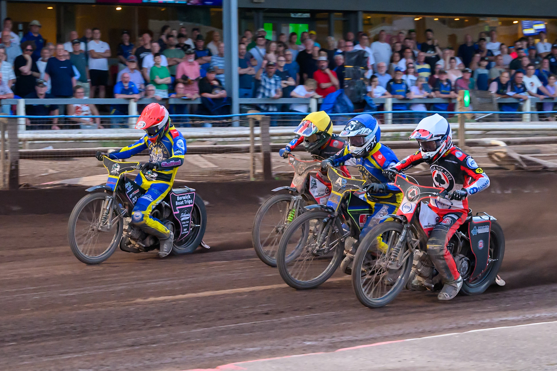 (L to R) Leon Flint of Sheffield Tigers in Red Will Cairns of Belle Vue Aces in Yellow Jye Etheridge of Sheffield Tigers in Blue and Zach Cook of Belle Vue Aces in White during the Rowe Motor Oil Premiership match between Sheffield Tigers and Belle Vue Aces at Owlerton Stadium, Sheffield on Monday 25th May 2026. (Photo: Ian Charles | MI News)
