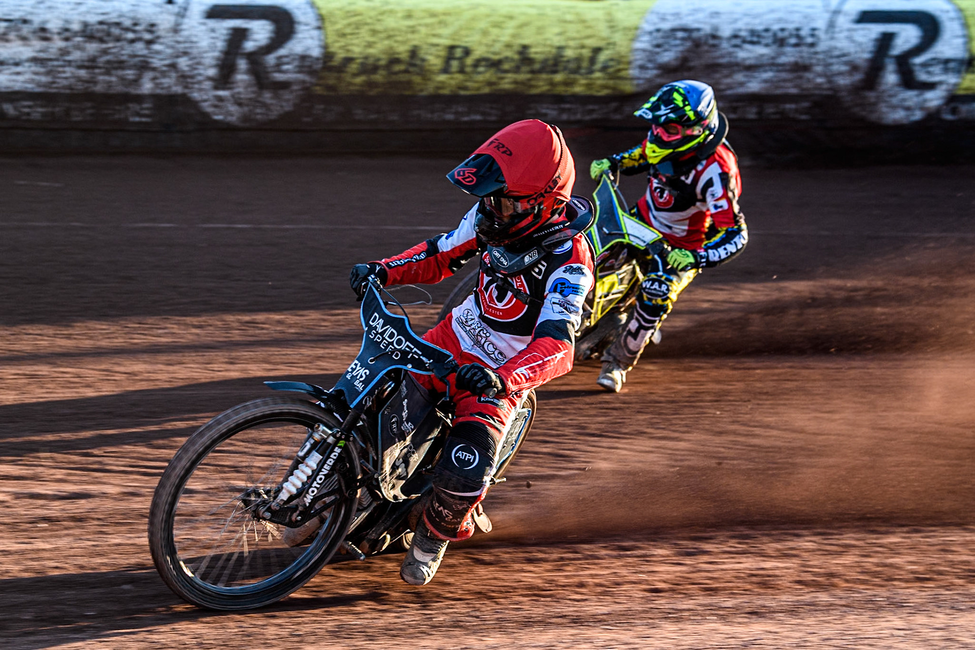 Belle Vue Colts' Freddy Hodder in Red leading team mate Belle Vue Colts' Guest rider Keiran Douglas in Blue during the WSRA National Development League match between Belle Vue Colts and Middlesbrough Tigers at the National Speedway Stadium, Manchester on Monday 17th June 2024. (Photo: Ian Charles | MI News)
