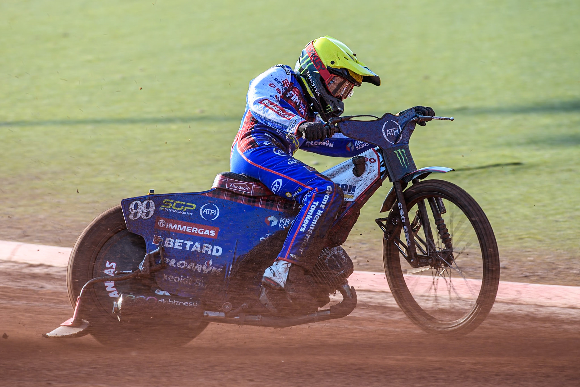 Dan Bewley (99) of Great Britain in action during the ATPI FIM Speedway Grand Prix Round 5 at the National Speedway Stadium, Manchester, on Saturday 14th June 2025. (Photo: Ian Charles | MI News)