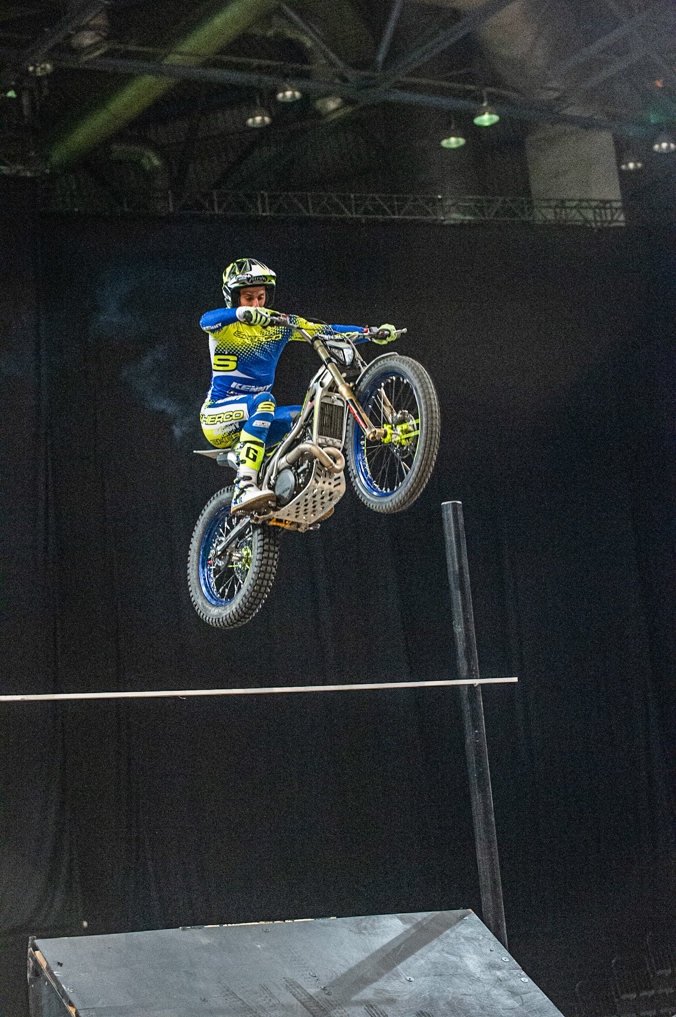 SHEFFIELD, ENGLAND  - DECEMBER 28TH   Jeroni Fajardo, Spain (Sherco) on the high jump during the 25th Anniversary Sheffield Indoor Trial at the FlyDSA Arena, Sheffield on Saturday 28th December 2019. (Credit: Ian Charles | MI News)