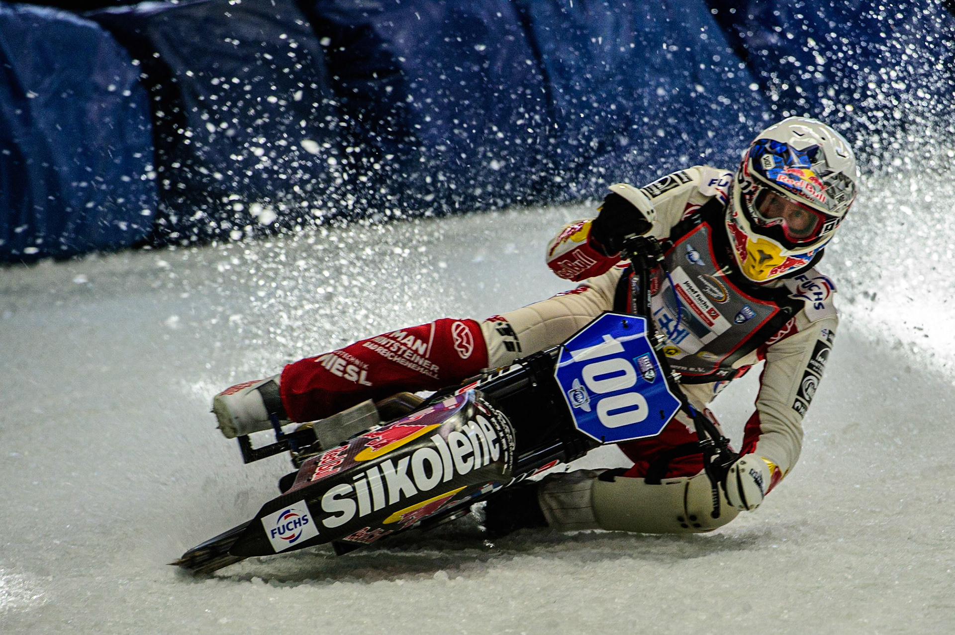 Franz Zorn (100) in action during the Ice Speedway Gladiators World Championship Final 1 at Max-Aicher-Arena, Inzell, Germany on Saturday 18th March 2023. (Photo: Ian Charles | MI News)