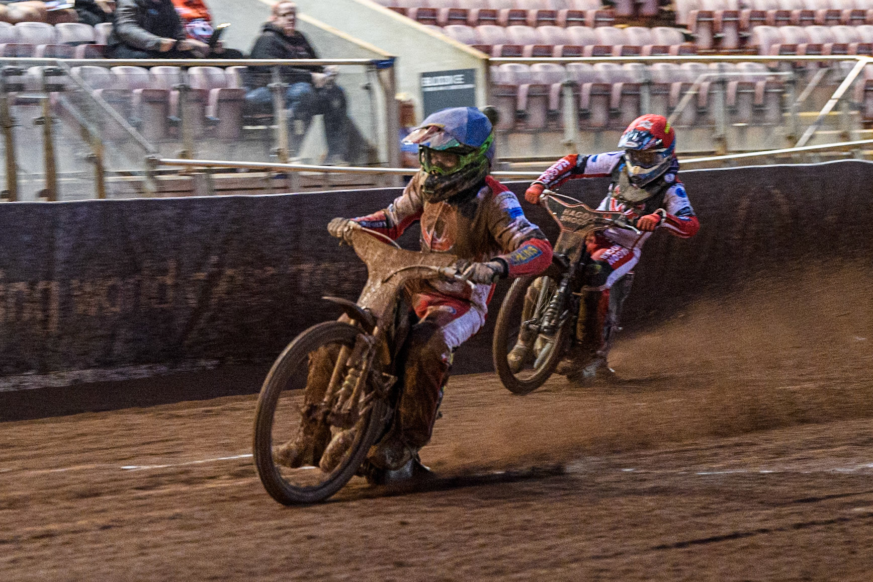 Belle Vue Colts' William Cairns  in Blue leading Belle Vue Colts' Sam Hagon  in Red during the WSRA National Development League match between Belle Vue Colts and Oxford Chargers at the National Speedway Stadium, Manchester on Friday 2nd August 2024. (Photo: Ian Charles | MI News)