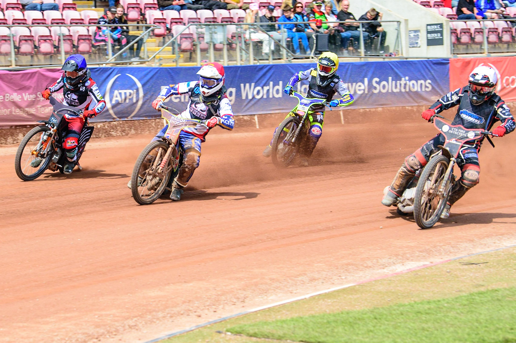 MANCHESTER, UK.  JUN 3RD Ben Morley (White) inside Jake Mulford   (Red) and Jack Smith  (Blue) with Jacob Clouting  (Yellow) behind  during the National Development League match between Belle Vue Colts and Oxford Chargers at the National Speedway Stadium, Manchester on Friday 3rd June 2022. (Credit: Ian Charles | MI News)