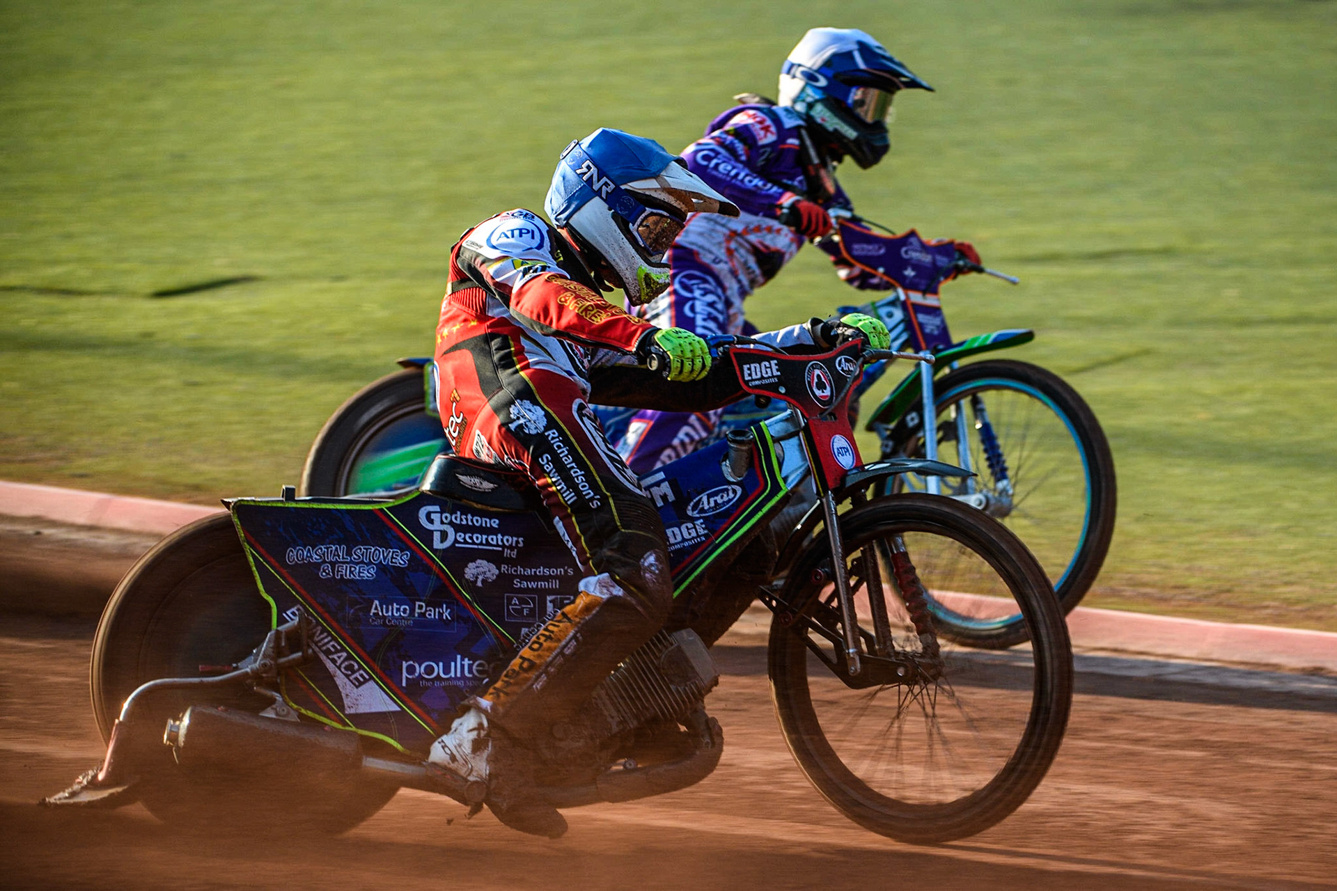 Jake Mulford (Blue) outside Hans Andersen (White) during the Sports Insure Premiership match between Belle Vue Aces and Peterborough at the National Speedway Stadium, Manchester on Monday 19th June 2023. (Photo: Ian Charles | MI News)
