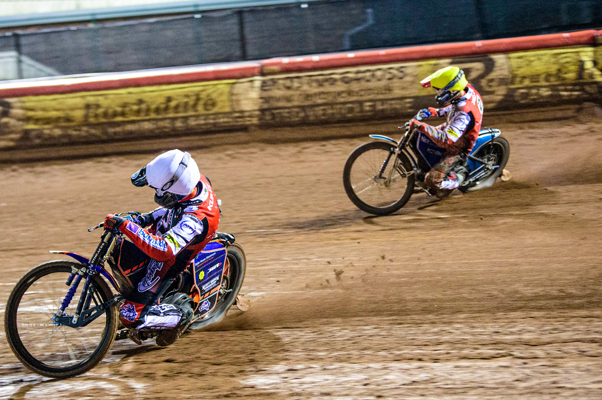 Brady Kurtz (White) inside team mate Matej Zagar (Yellow)  during the Grant Henderson Pairs at the National Speedway Stadium, Manchester on Thursday 27th October 2022. (Credit: Ian Charles | MI NEWS)