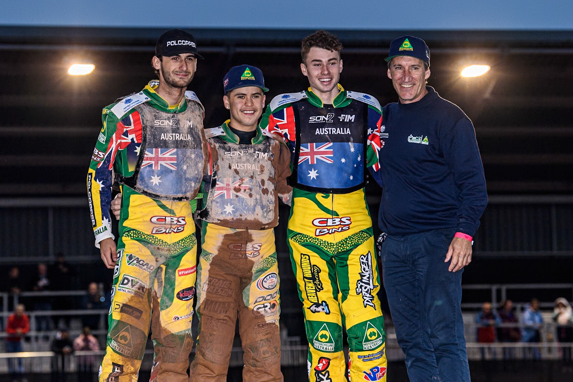Australis - 3rd place (L to R): Keynan Rew, James Pearson, Michael West and Australian Team manager, Mark Lemon during the Monster Energy FIM Speedway of Nations 2 (Under 21) Final at the National Speedway Stadium, Manchester on Friday 12th July 2024. (Photo: Ian Charles | MI News)