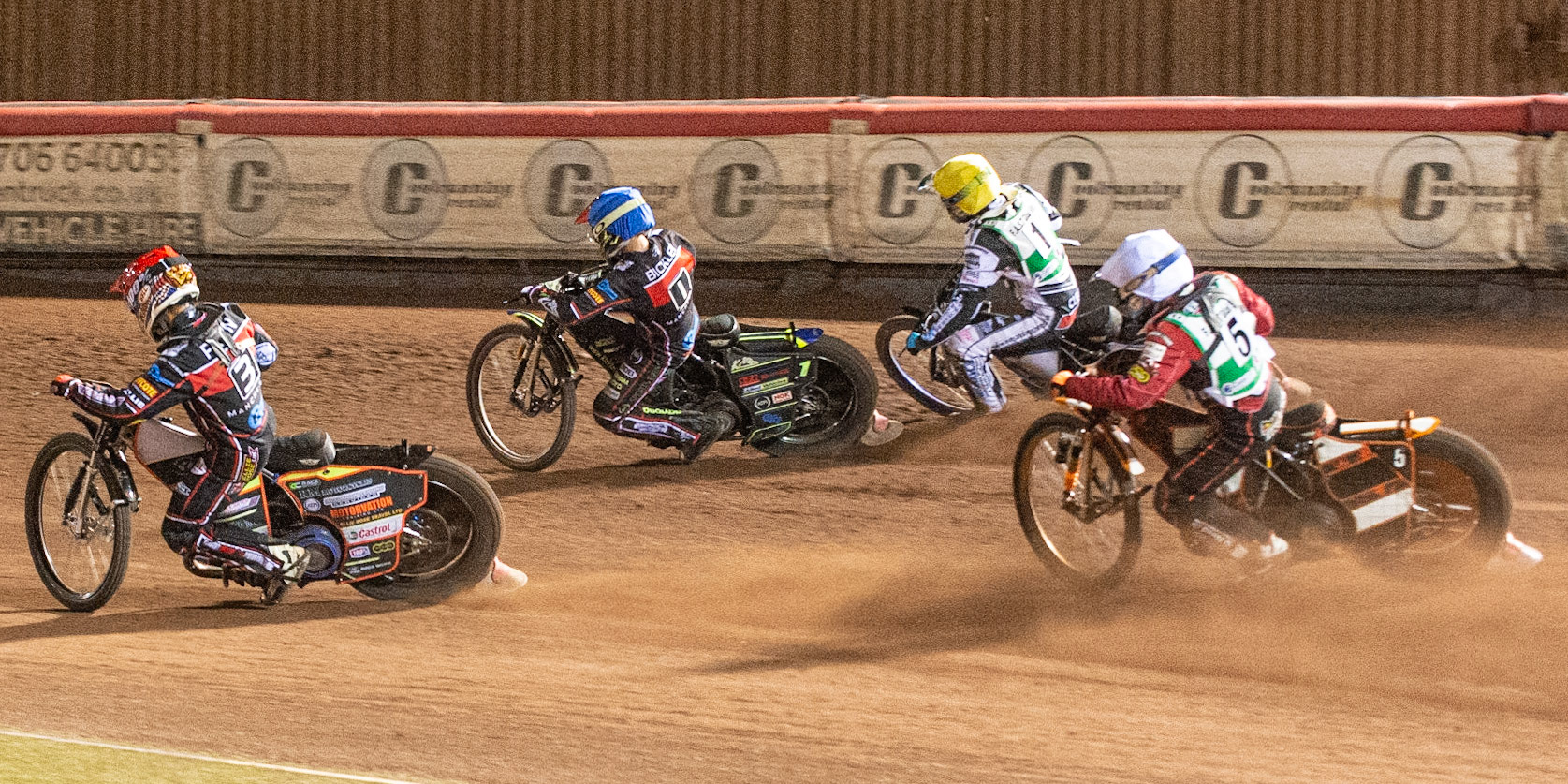 Photo: Ian Charles

Jordan Palin  (Red) and Kyle Bickley  (Blue) lead Max Clegg  (Yellow) and Jack Smith  (White)

Belle Vue Colts v Cradley Heathens, SGB National League, Belle Vue National Speedway Stadium, Manchester, Thursday 29  August  2019