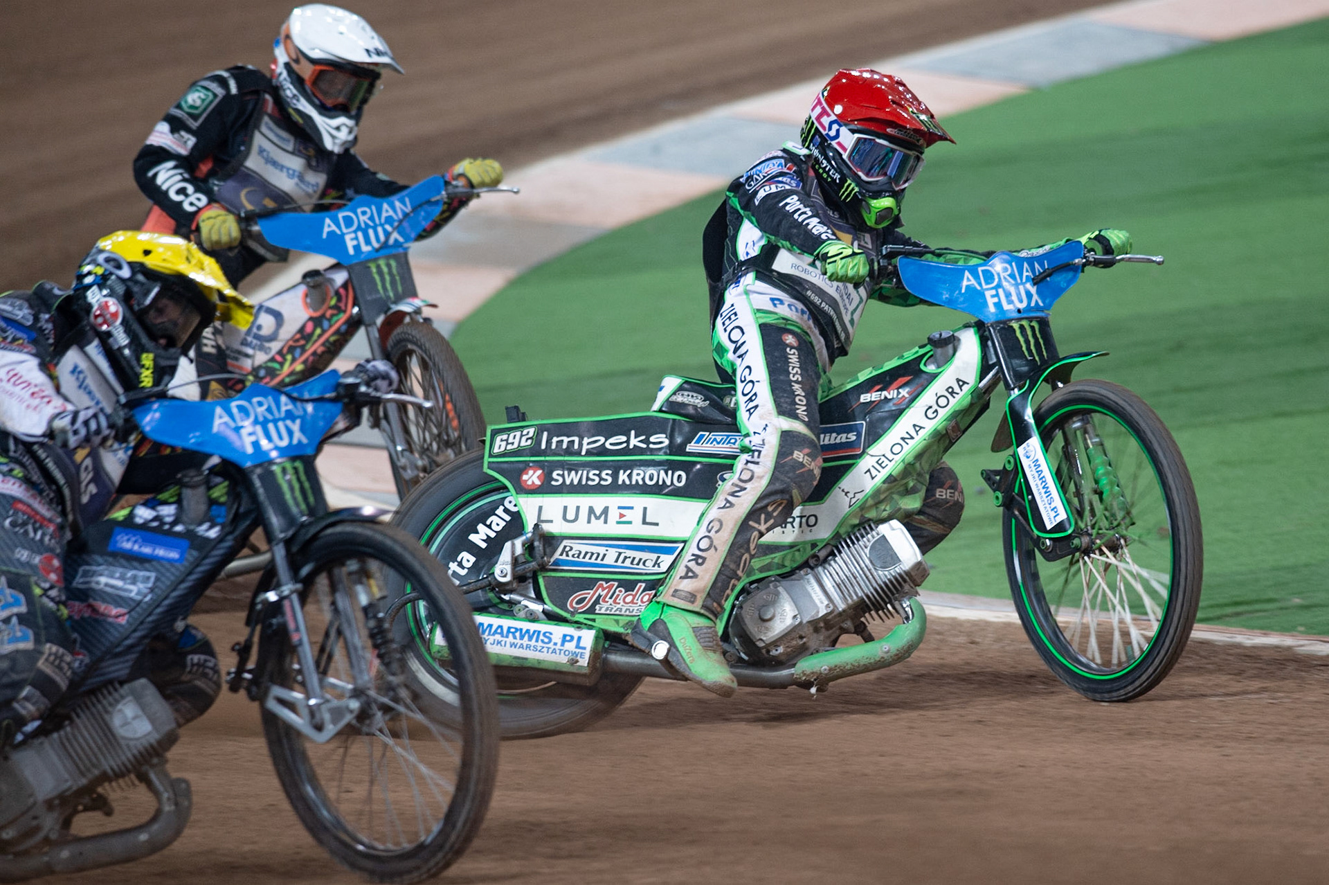 CARDIFF,WALES Patryk Dudek (Red) leads out of the turn during the ADRIAN FLUX BRITISH FIM SPEEDWAY GRAND PRIX at the Principality Stadium, Cardiff on Saturday 21st September 2019. (Credit: Ian Charles | MI News)