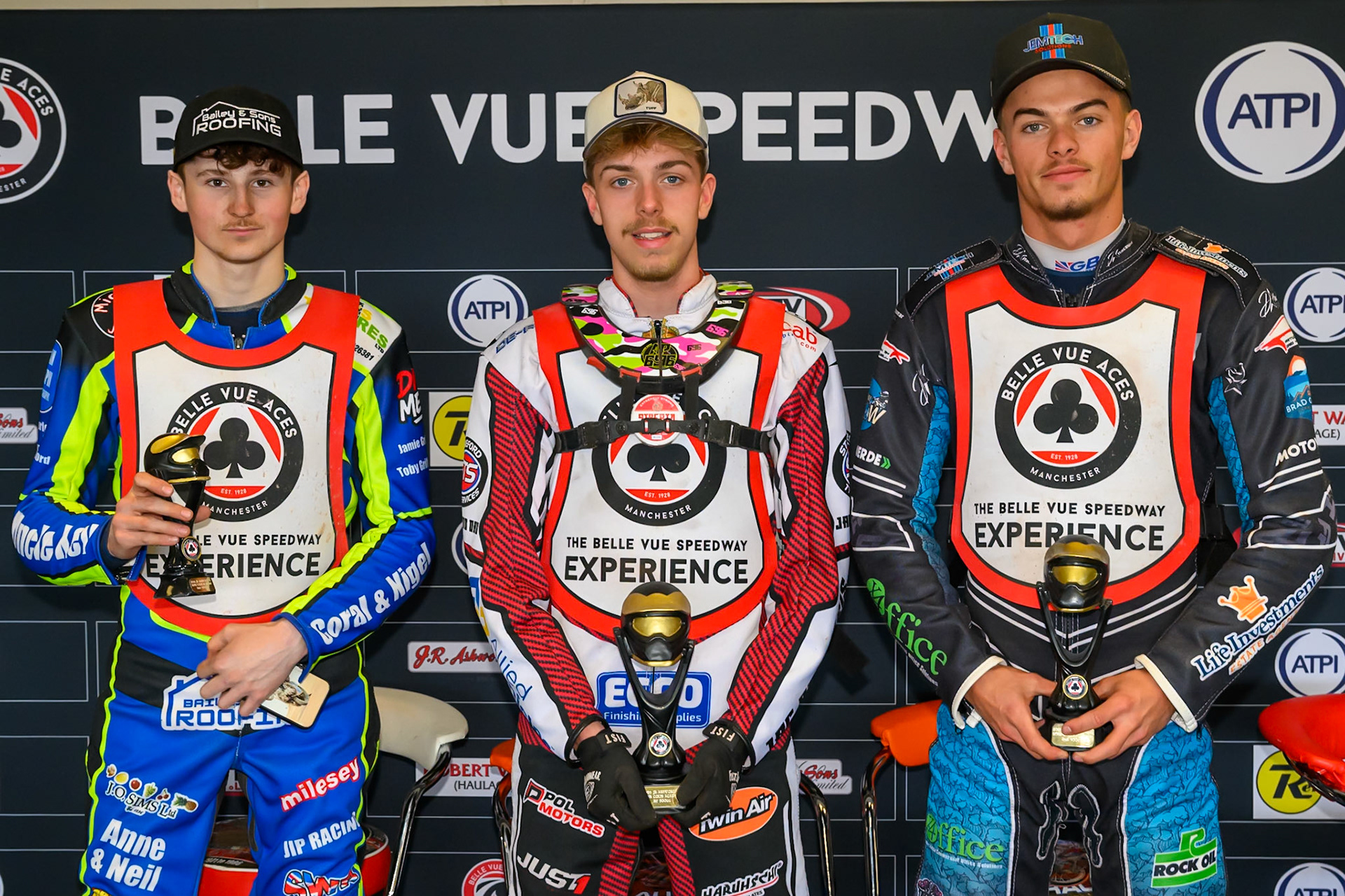 JR ASHWORTH &amp; SONS COLTS ACADEMY INDIVIDUAL:Top3" (L to R) Ryan Ingram (3rd), Ace Pijper (winner), Freddy Hodder (2nd) during the British Youth Speedway Championship &amp; JR Ashworth &amp; Sons Colts Individual at the National Speedway Stadium, Manchester on Sunday 10th May 2026. (Photo: Ian Charles | MI News)