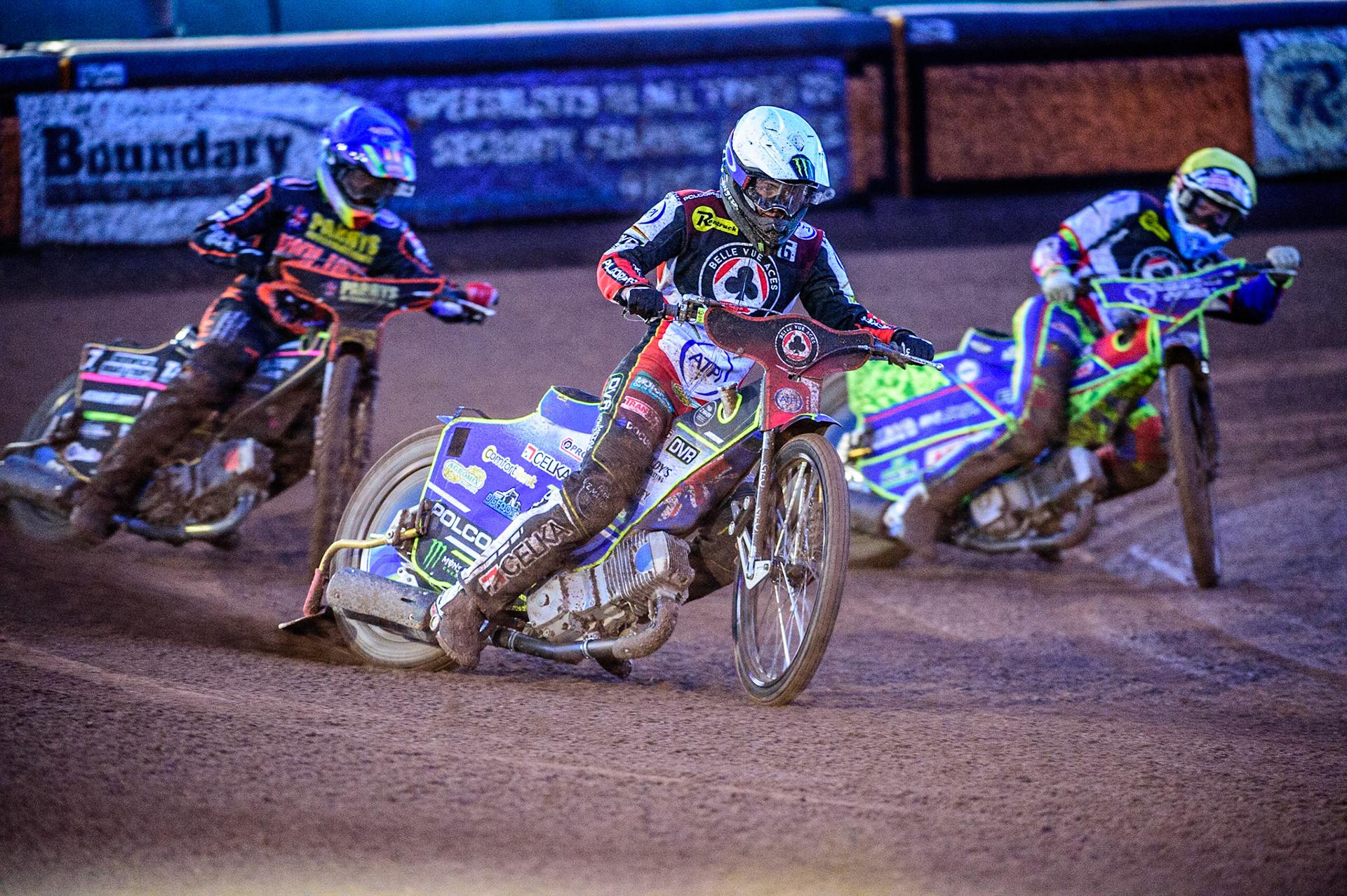 Jaimon Lidsey  (White) leads Anders Rowe  (Yellow) and Leon Flint  (Blue) during the SGB Premiership Knock Out Cup Quarter Final 1st Leg between Wolverhampton Wolves and Belle Vue Aces at Monmore Green Stadium, Wolverhampton on Monday 10th April 2023. (Photo: Ian Charles | MI News)