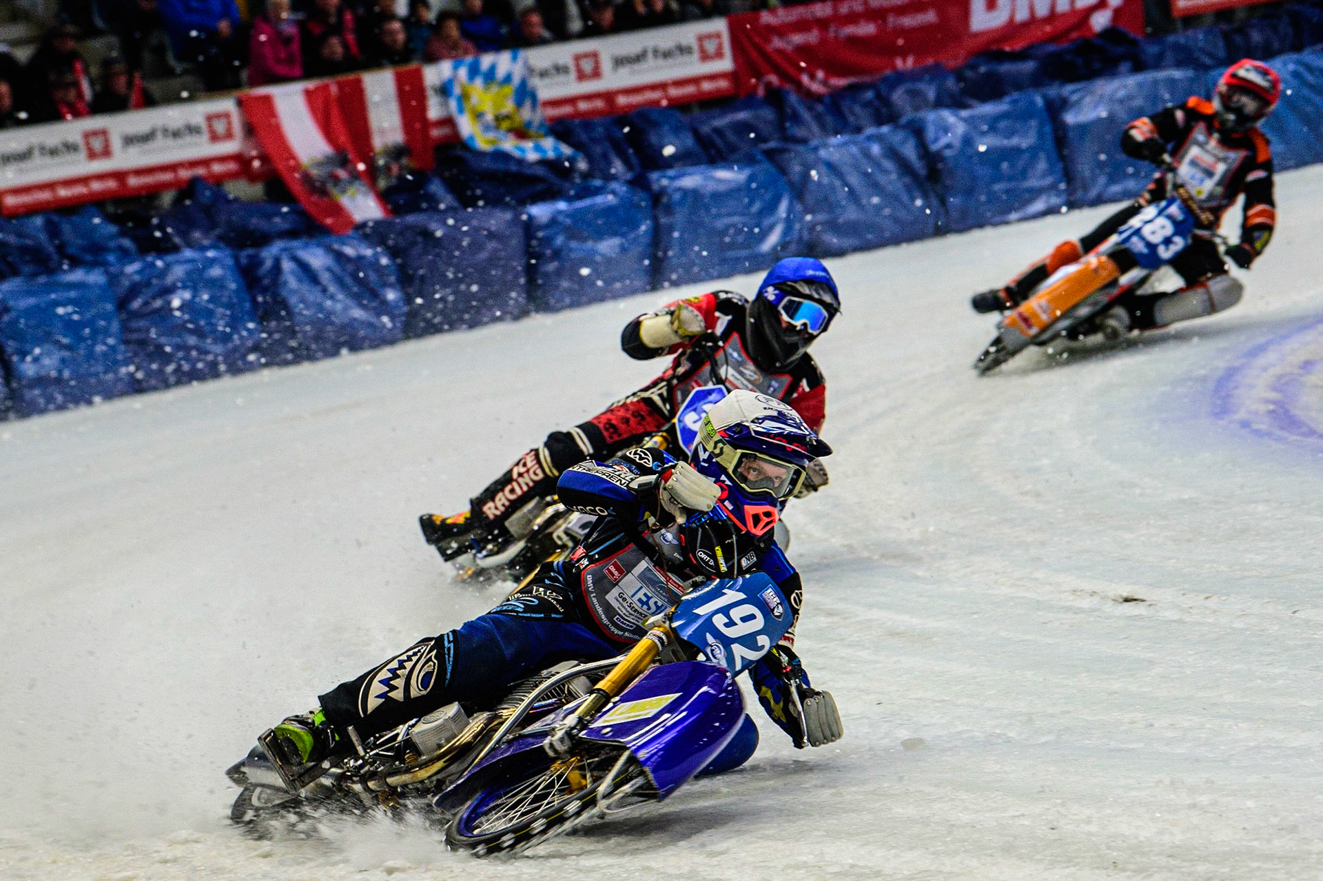 Niclas Svensson (192) (White) leads Jo Saetre (357) (Blue) and \Sebastian Reitsma (283) (Red) during the Ice Speedway Gladiators World Championship Final 2 at Max-Aicher-Arena, Inzell, Germany on Sunday 19th March 2023. (Photo: Ian Charles | MI News)
