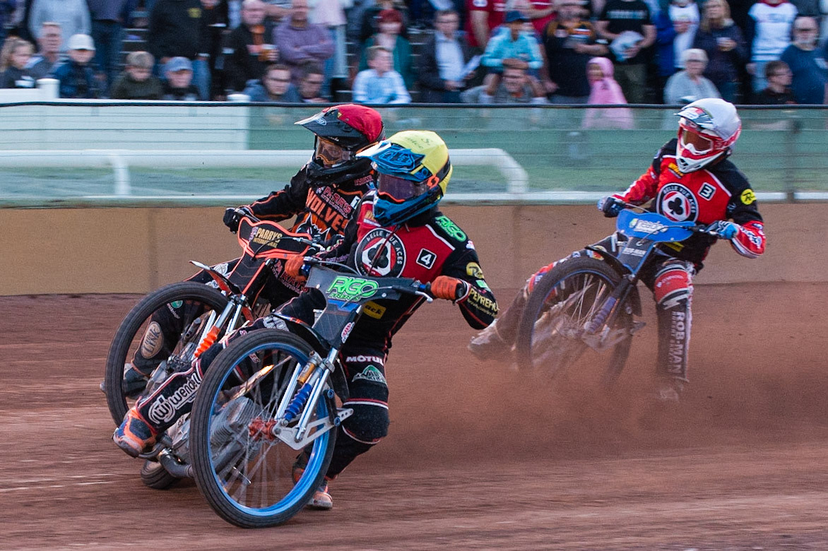 Photo by Ian Charles:

Dimitri Bergé  (Yellow) leads Jacob Thorssell  (Red) and Tobiasz Musielak   (White)

Wolverhampton Wolves v Belle Vue Aces, British Speedway Premiership 5 August 2019