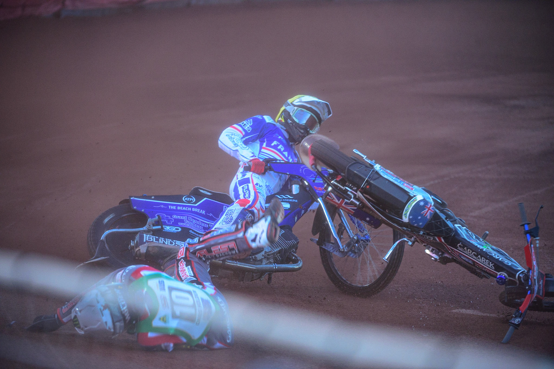 Chris Holder (Australia) (White) starts to spin in front of Max Fricke (Australia) (Red) as David Bellego (France) (Yellow) is given no place to go during the FIM Speedway Grand Prix Challenge at the Peugeot Ashfield Stadium, Glasgow on Saturday 20th August 2022. (Credit: Ian Charles | MI News)