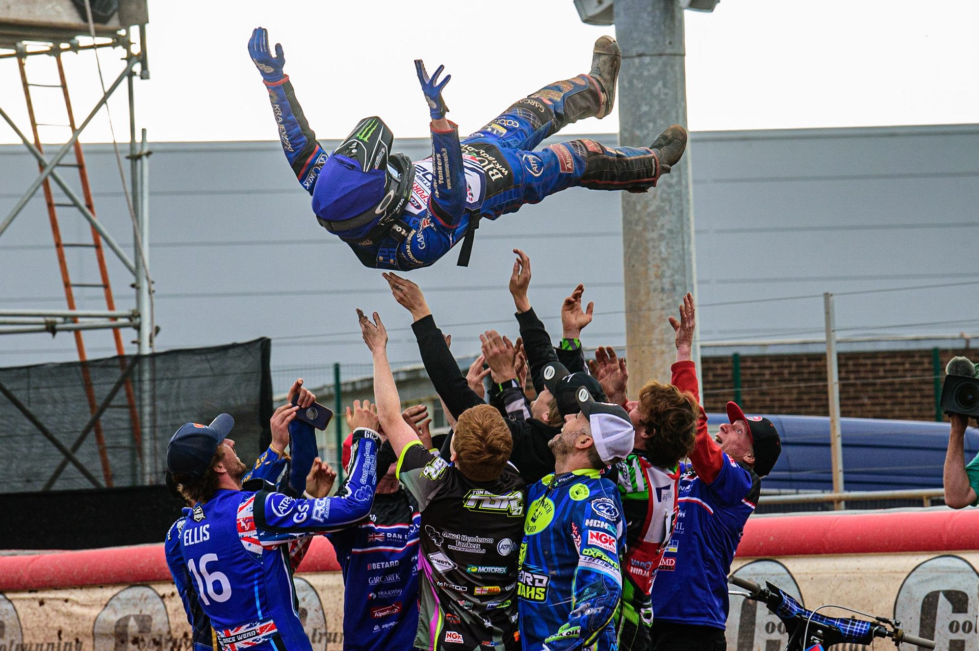 Dan Bewley  gets the bumps from the riders as the New British Champion during the Sports Insure British Speedway Final, at the National Speedway Stadium, Manchester, on Sunday 18th September 2022. (Credit: Ian Charles | MI News )