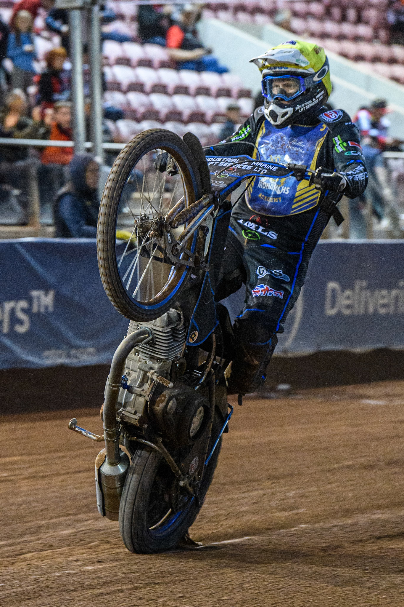 Ashton Boughen celebrates with a wheelie during the National Development League match between Belle Vue Colts and Edinburgh Monarchs Academy at the National Speedway Stadium, Manchester on Friday 21st July 2023. (Photo: Ian Charles | MI News)