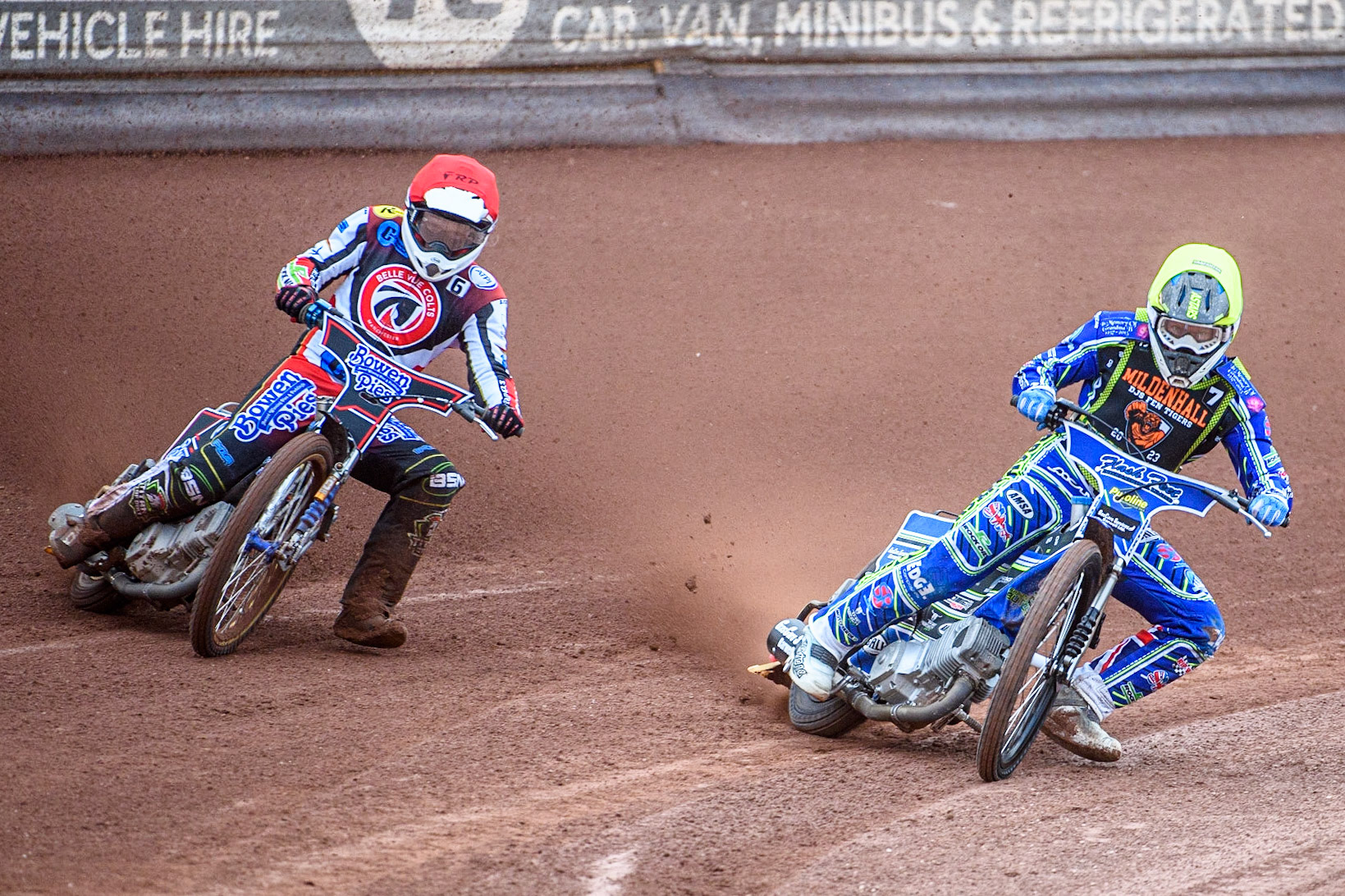 Freddy Hodder (Yellow) inside Paul Bowen (Red) during the National Development League match between Belle Vue Colts and Mildenhall Fens Tigers at the National Speedway Stadium, Manchester on Friday 26th May 2023. (Photo: Ian Charles | MI News)