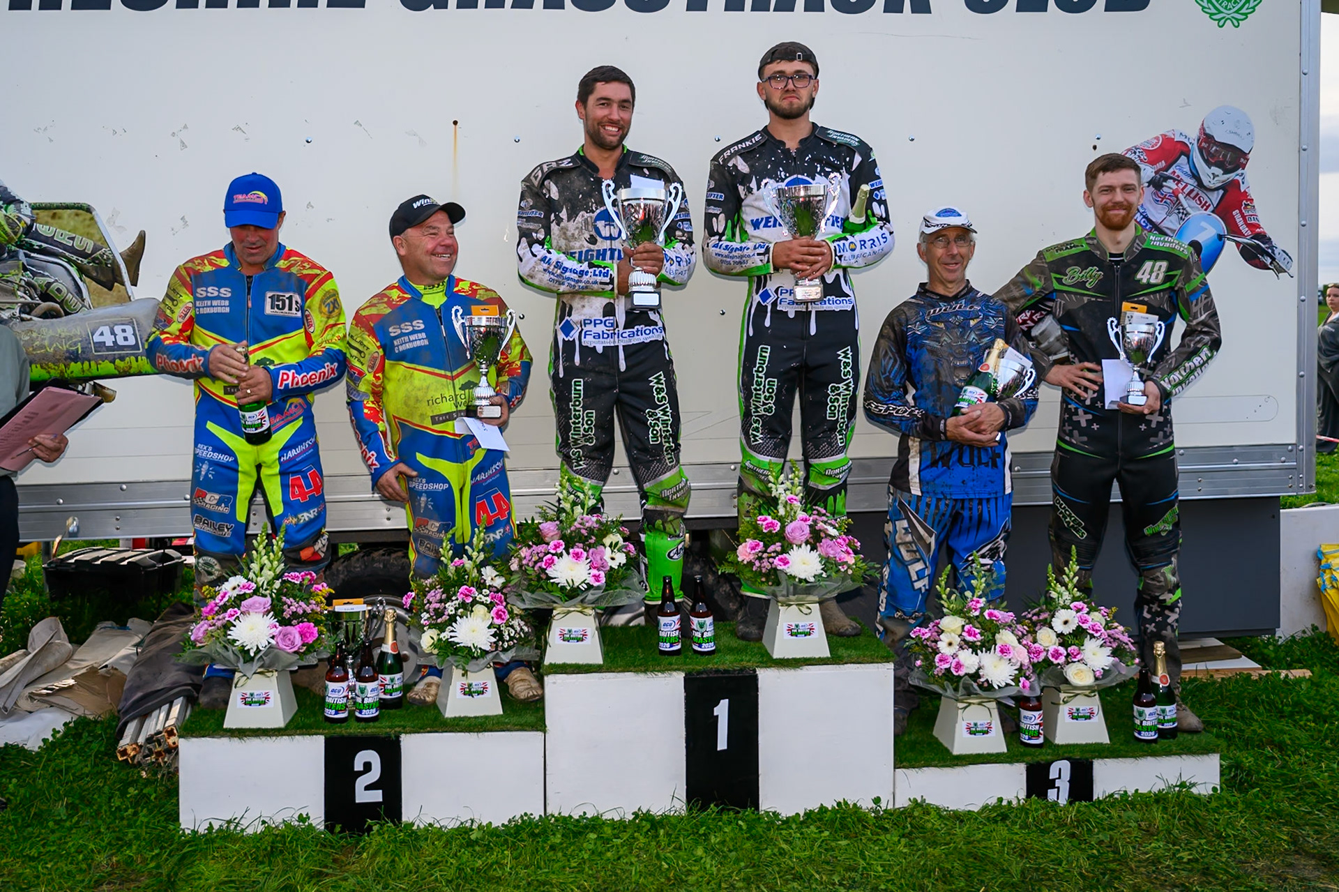 British Masters 1000cc Sidecars: Top 3: Paul Whitelam/Richard Webb (92) (2nd), Gareth Winterburn/Frankie Courtney (49) (1st) and Rob Bradley/Billy Winterburn (87) (3rd) during the British Masters Grasstrack Championship at Lower Marsh Farm, Much Hoole, Preston in Lancashire, England on Sunday 13th September 2026. (Photo: Ian Charles | MI News)
