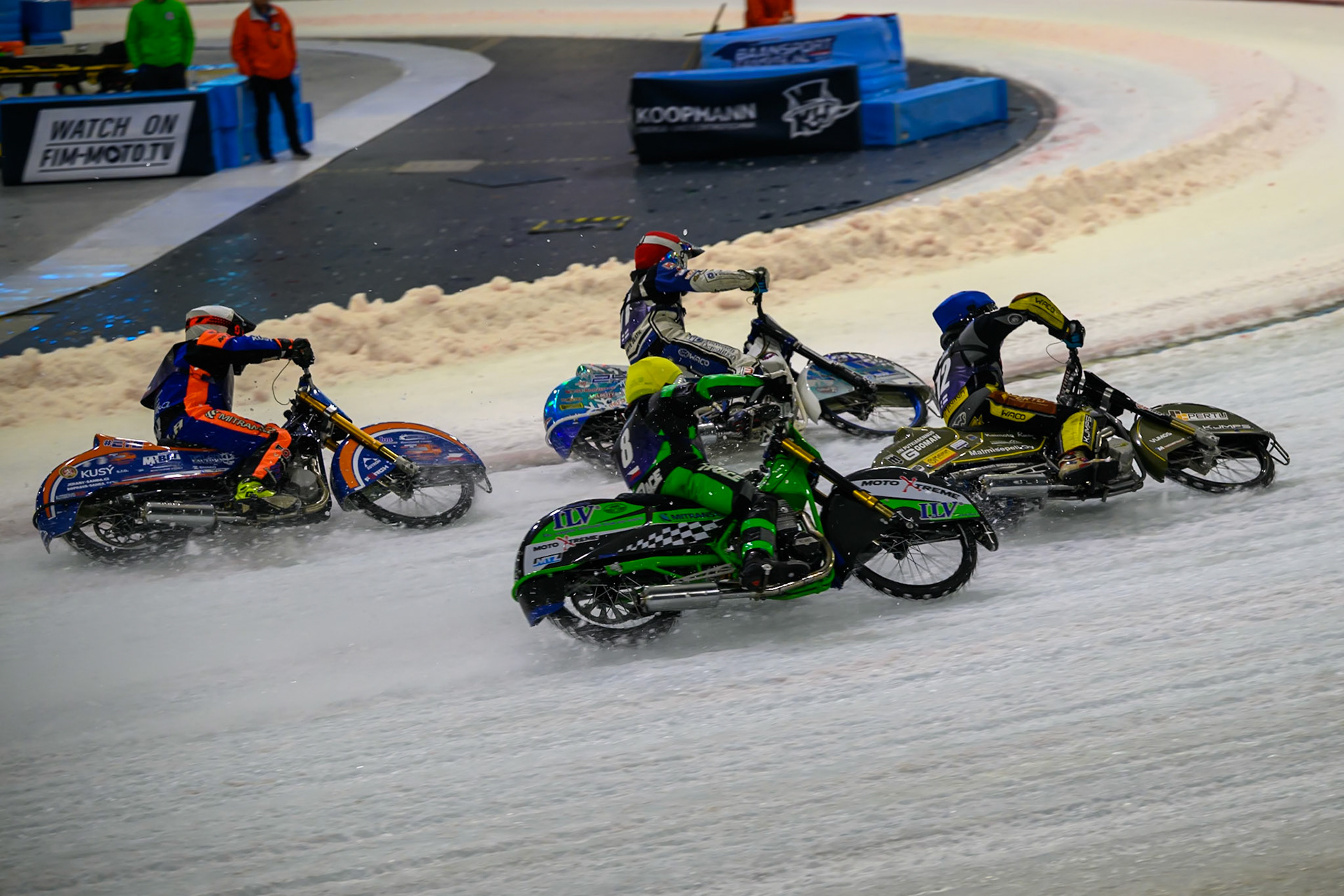 Finland v Czechia: Max Koivula (11) of Finland  in Red and Heikki Huusko (12) of Finland  in Blue leading Lukáš Hutla (7) of Czechia  in White and Andrej Diviš (8) of Czechia  in Yellow during the FIM Ice Speedway Of Nations at Ice Rink Thialf, Heerenveen on Sunday 12th April 2026. (Photo: Ian Charles | MI News)