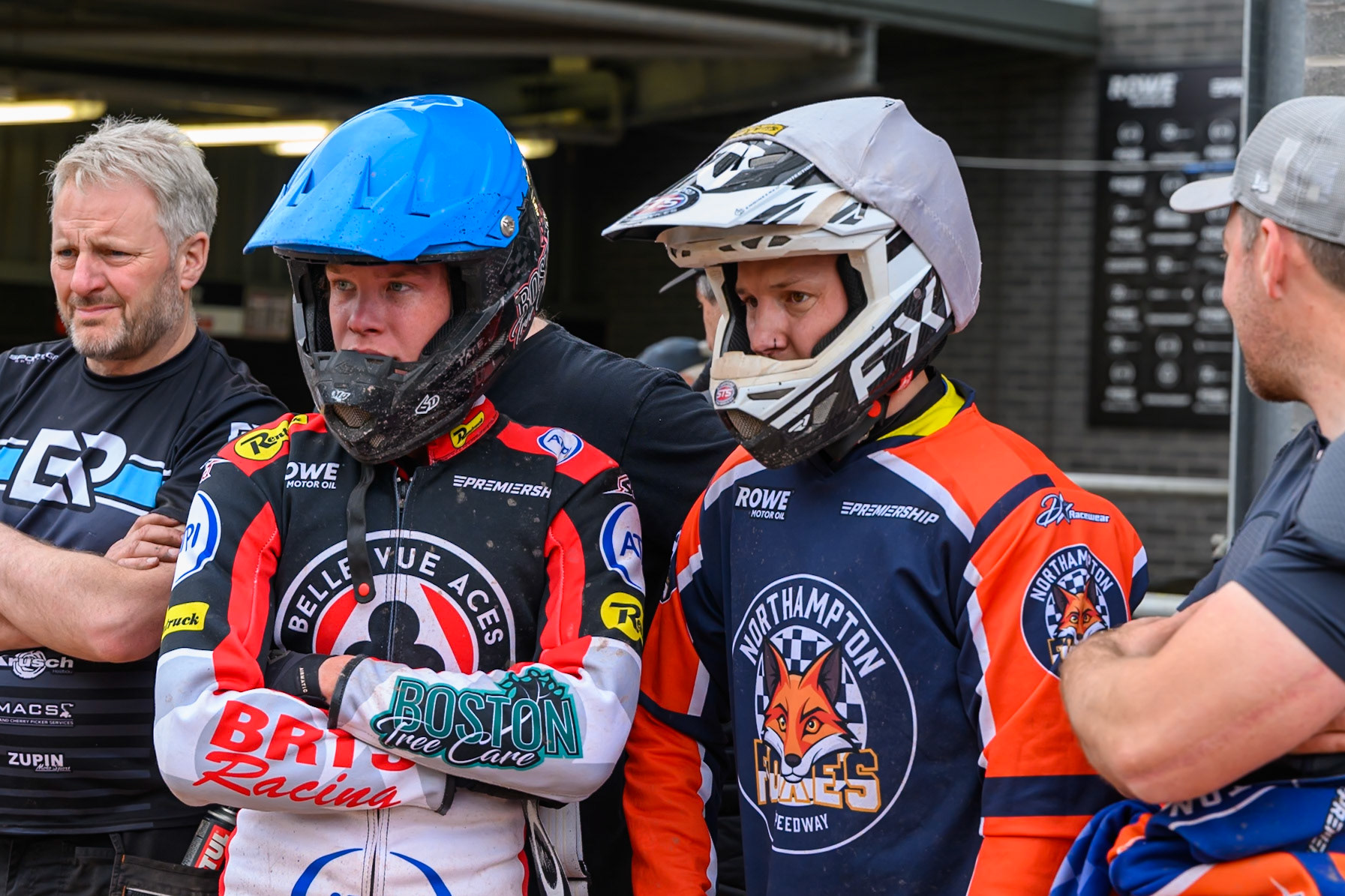 Tate Zischke of Belle Vue Aces (Left) and Jye Etheridge, Guest Rider for Northampton Foxes  watch the replay of their last heat during the Rowe Motor Oil Premiership match between Belle Vue Aces and Northampton Foxes at the National Speedway Stadium, Manchester on Monday 4th May 2026. (Photo: Ian Charles | MI News)