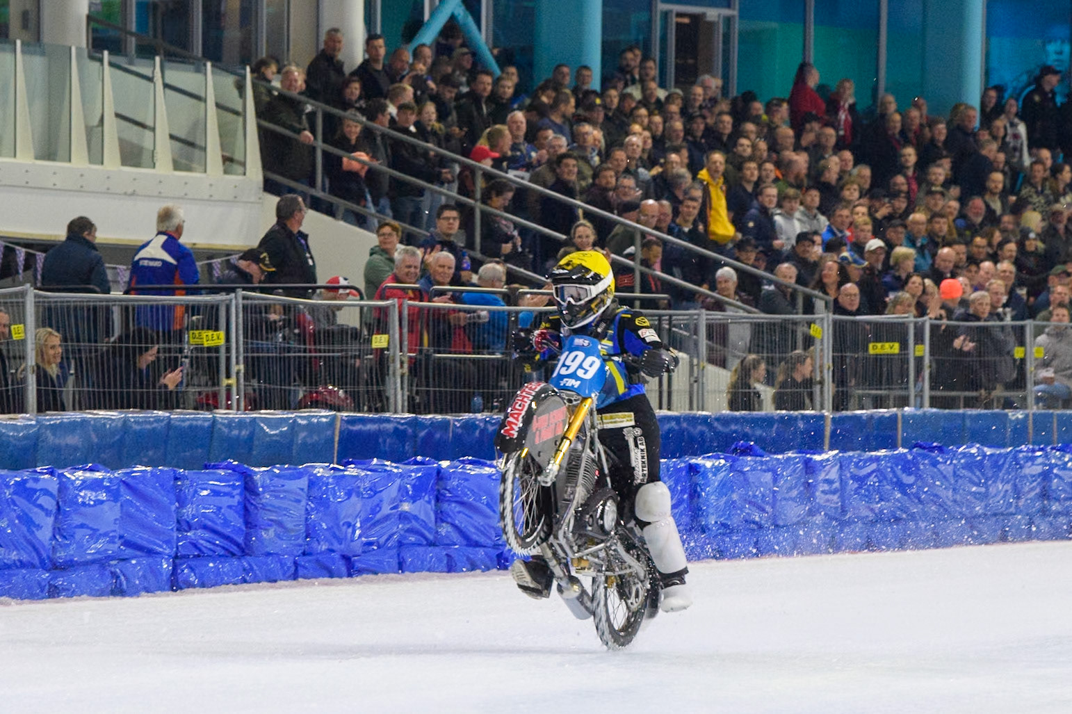 Martin Haarahiltunen (199) of Sweden celebrates with a wheelie during the FIM Ice Speedway Gladiators World Championship, Final 3 at the Ice Stadium, Thialf, Heerenveen on Saturday 5th April 2025. (Photo: Ian Charles | MI News)