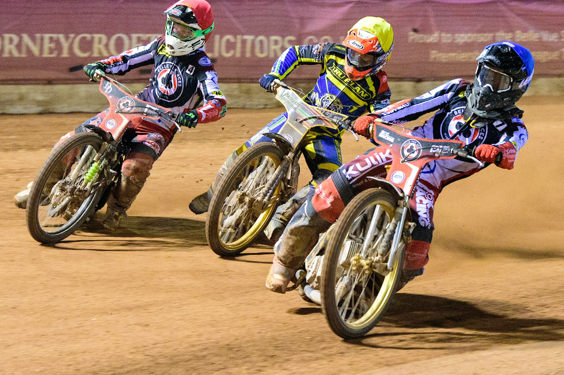 Norick Blodorn   (Blue) inside Charles Wright  (Red) and Connor Mountain  (Yellow) during the SGB Premiership match between Belle Vue Aces and Sheffield Tigers at the National Speedway Stadium, Manchester on Monday 5th September 2022. (Credit: Ian Charles | MI News)