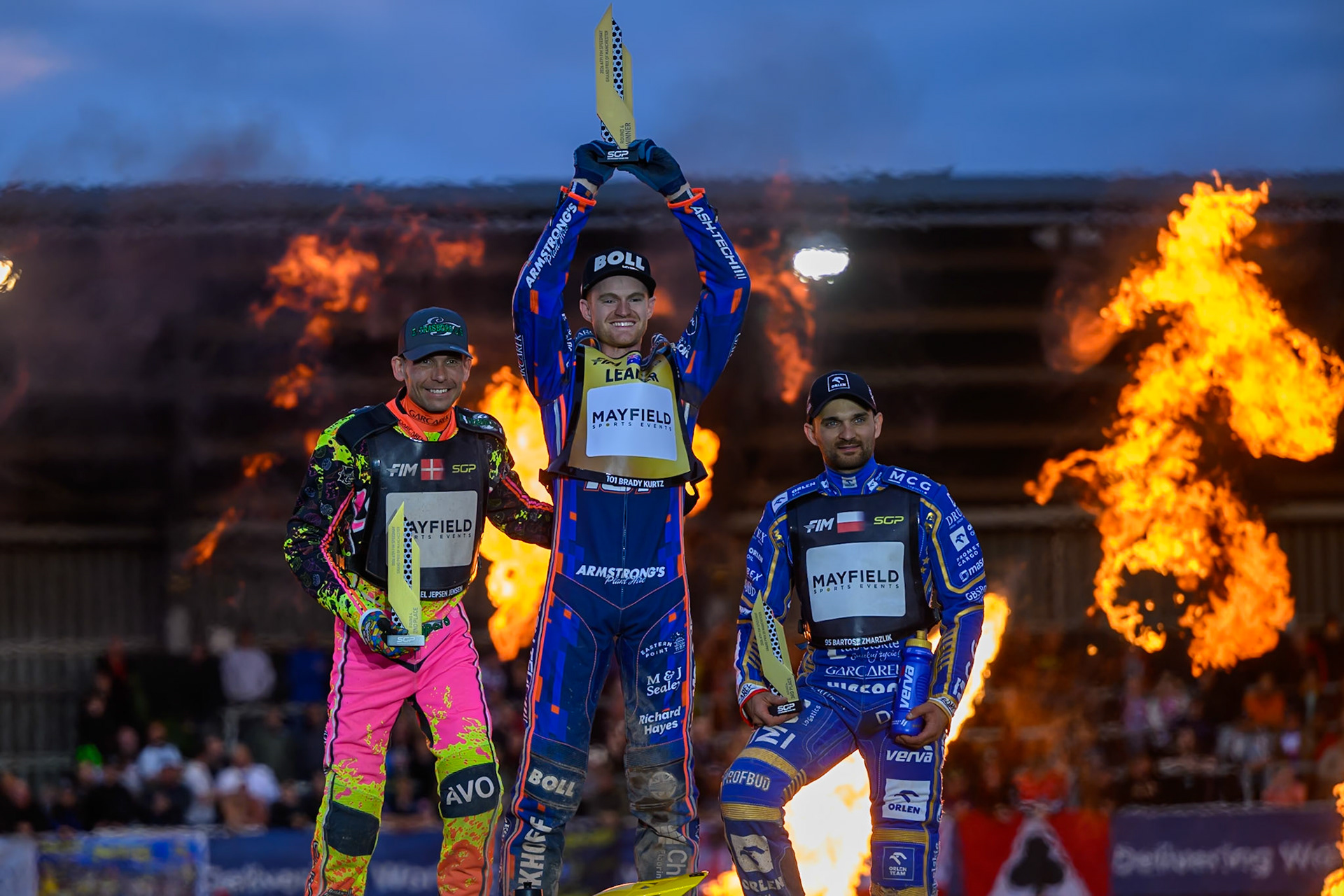 (L to R): Michael Jepsen Jensen (2nd), Brady Kurtz (Winner), Bartosz Zmarzlik (3rd)  during the ATPI  FIM Speedway GP of Manchester at the National Speedway Stadium, Manchester on Saturday 6th June 2026. (Photo: Ian Charles | MI News)