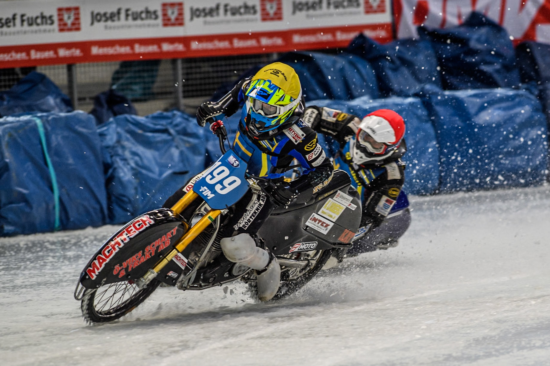 Sweden's Martin Haarahiltunen (199)  gets into difficulty and manages to correct it during the FIM Ice Speedway Gladiators World Championship Final 2 at the Max-Aicher-Arena, Inzell on Sunday 24 March 2024. (Photo: Ian Charles | MI News)