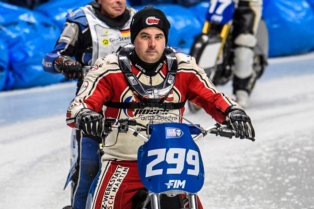 Martin Posch (299) of Austria during the Ice Speedway Gladiators World Championship Final 1 at Max-Aicher-Arena, Inzell on Saturday 15th March 2025. (Photo: Ian Charles | MI News)