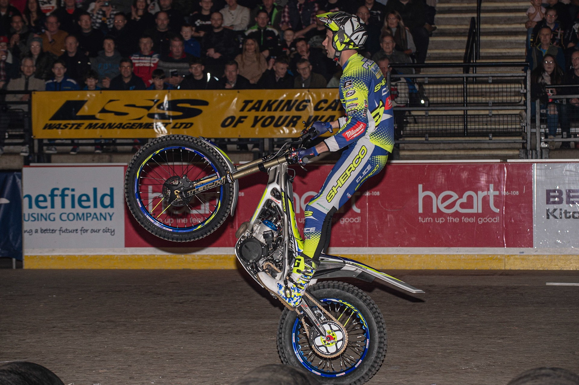SHEFFIELD, ENGLAND  - DECEMBER 28TH  Dan Peace, UK (Sherco) makes his entrance  during the 25th Anniversary Sheffield Indoor Trial at the FlyDSA Arena, Sheffield on Saturday 28th December 2019. (Credit: Ian Charles | MI News)