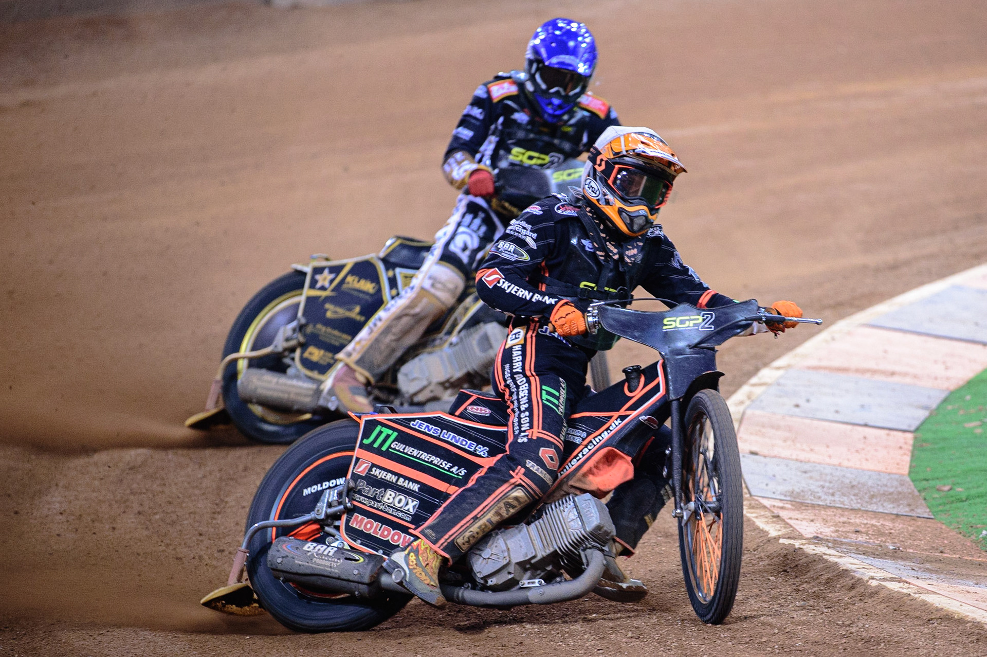Kevin Juhl Pedersen (Denmark)  (White) leads Norick Blodorn (Germany)  (Blue) during the FIM  Speedway Grand Prix  2 of Great Britain at the Principality Stadium, Cardiff on Sunday 14th August 2022. (Credit: Ian Charles | MI News)