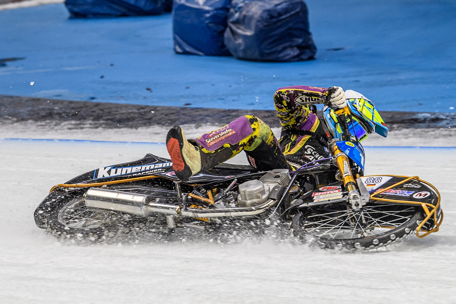 German Reserve Maximillian Neidermaier (19) slides off during the FIM Ice Speedway Gladiators World Championship Final 2 at the Max-Aicher-Arena, Inzell on Sunday 24 March 2024. (Photo: Ian Charles | MI News)