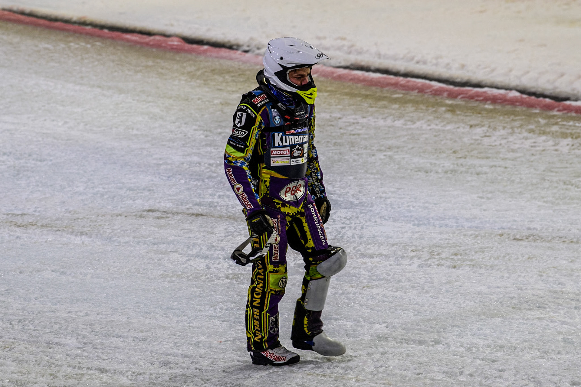 Germany's Max Niedermaier (88) checks the track before the final during the FIM Ice Speedway Gladiators World Championship Final 3 at Ice Rink Thialf, Heerenveen on Saturday 6th April 2024. (Photo: Ian Charles | MI News)
