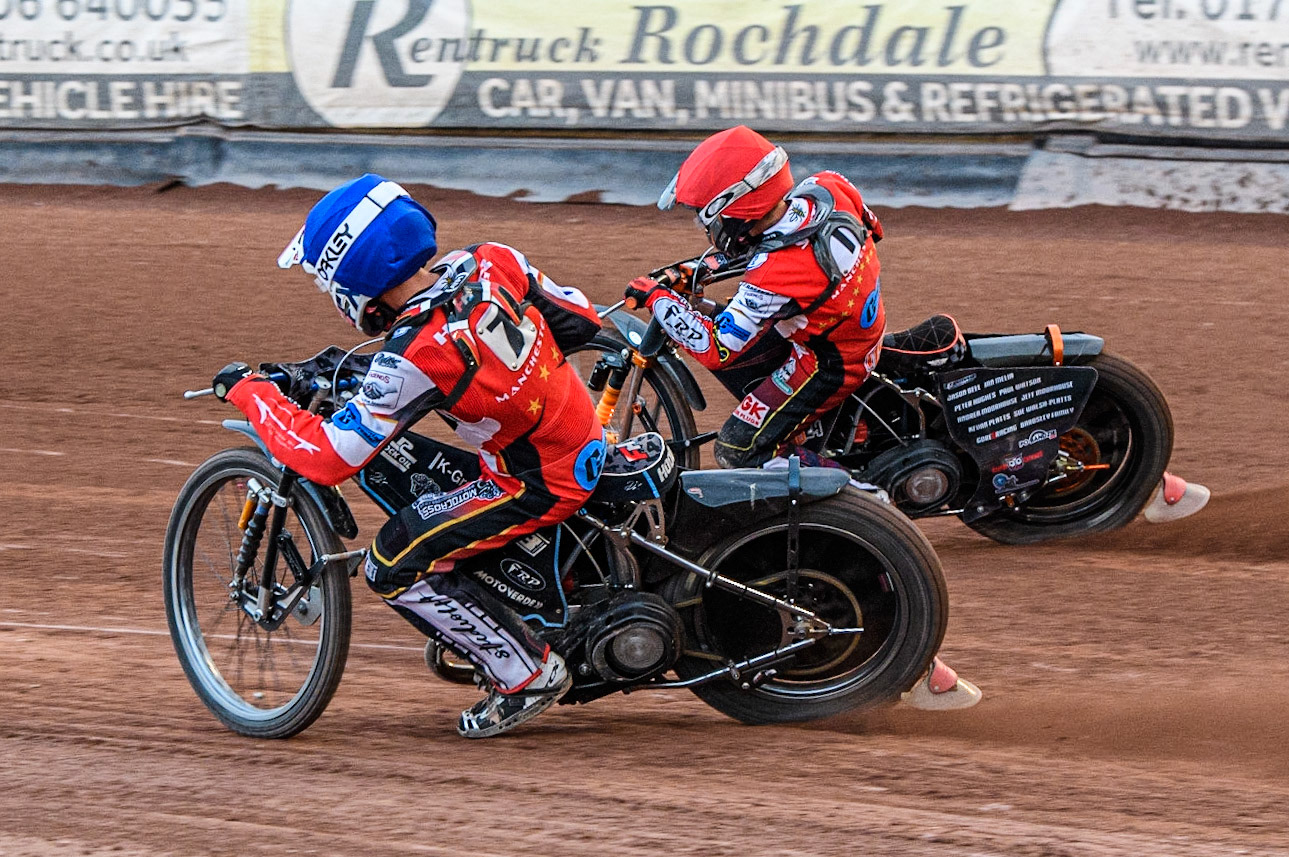 Freddy Hodder (Blue) inside team mate Jack Smith (Red) during the National Development League match between Belle Vue Colts and Mildenhall Fens Tigers at the National Speedway Stadium, Manchester on Friday 26th May 2023. (Photo: Ian Charles | MI News)