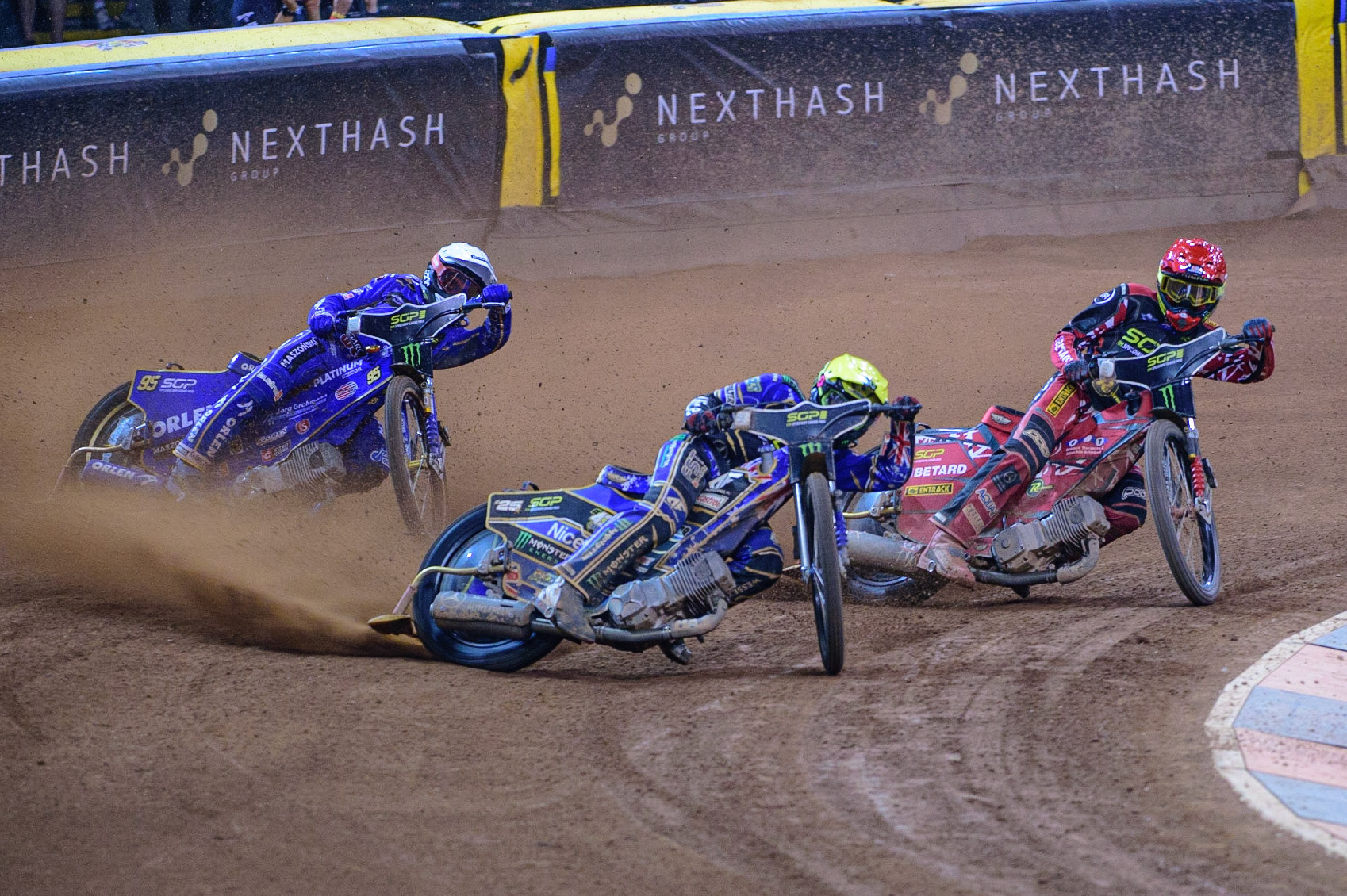 Jack Holder (25) (Yellow) leads Bartosz Zmarzlik (95) (White) and Max Fricke (46) (Red) during the FIM  Speedway Grand Prix of Great Britain at the Principality Stadium, Cardiff on Saturday 13th August 2022. (Credit: Ian Charles | MI News