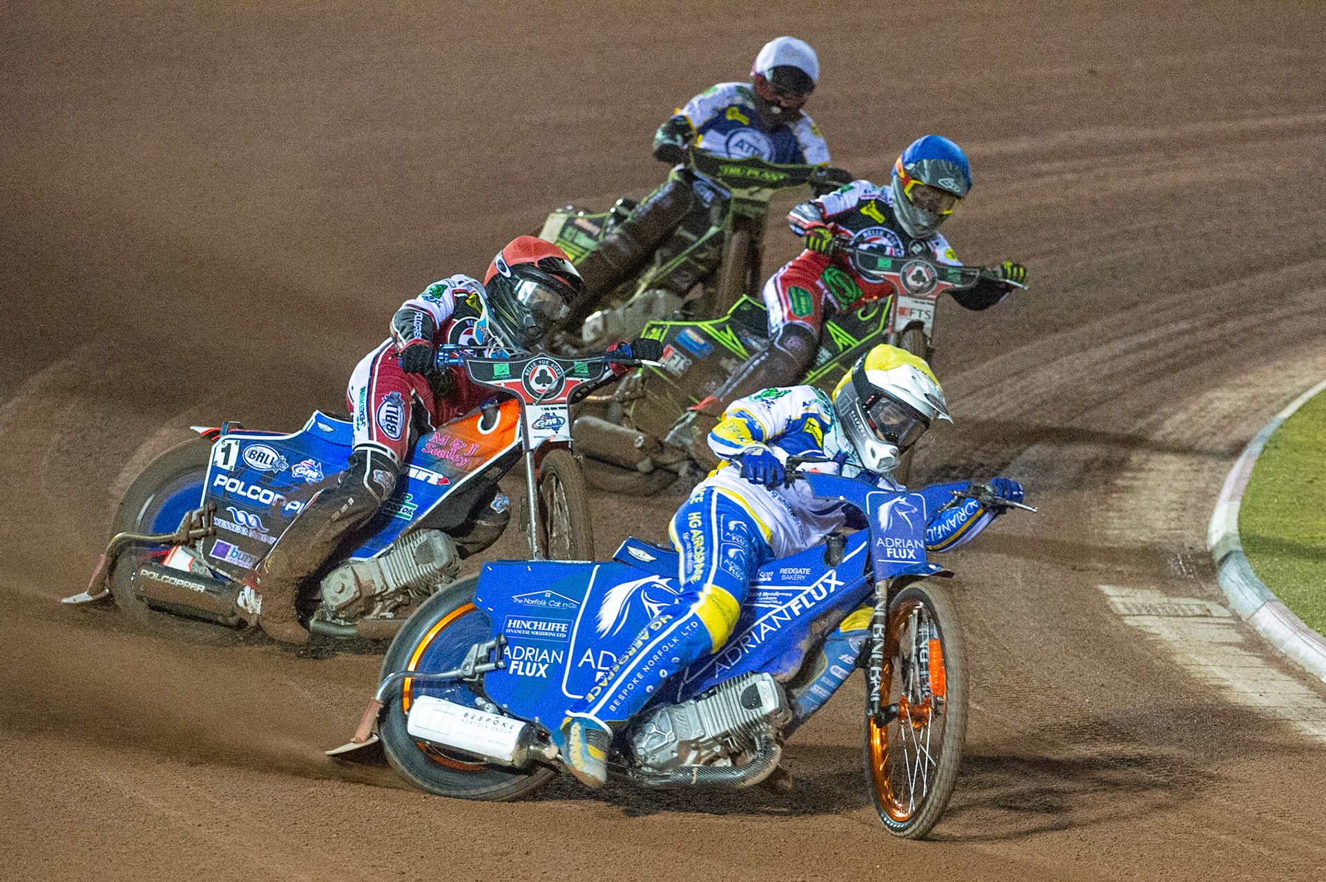 Photo: Ian CharlesLewis Kerr of the 'ATPI' All Stars (Yellow) takes the lead from Brady Kurtz of Belle Vue 'BikeRight' Aces (Red), Jye Etheridge of Belle Vue 'BikeRight' Aces  (Blue) and Danny King of the 'ATPI' All Stars (White)Belle Vue ‘Bikerite ’Aces v ‘ATPI’ All Stars, Premiership Challenge, National Speedway Stadium, Manchester Thursday  24  September  2020