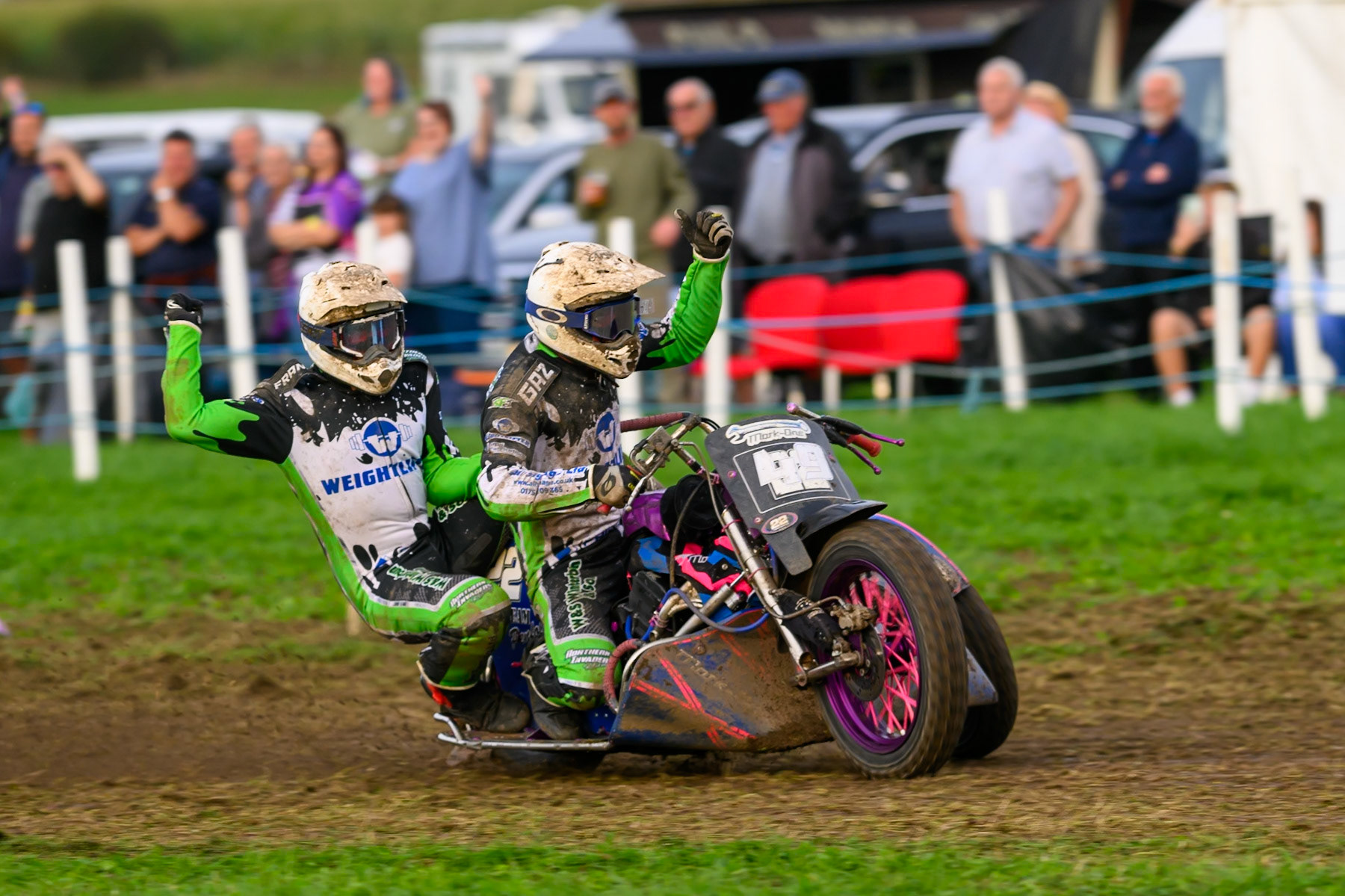 British Masters 1000cc Sidecars: Gareth Winterburn/Frankie Courtney (49)  celebrate their win during the British Masters Grasstrack Championship at Lower Marsh Farm, Much Hoole, Preston in Lancashire, England on Sunday 13th September 2026. (Photo: Ian Charles | MI News)